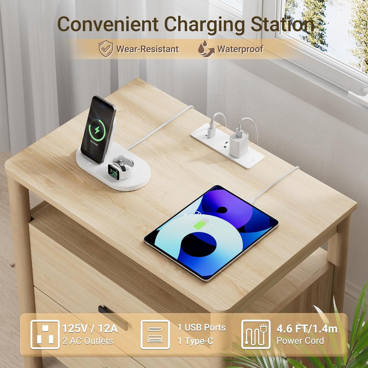 Night Stand with Charging Station, 24" Large Modern Side Table with Solid Round Post Legs, 2 Drawers End Table with Open Shelf, Nightstand with Storage for Bedroom, Natural Oak