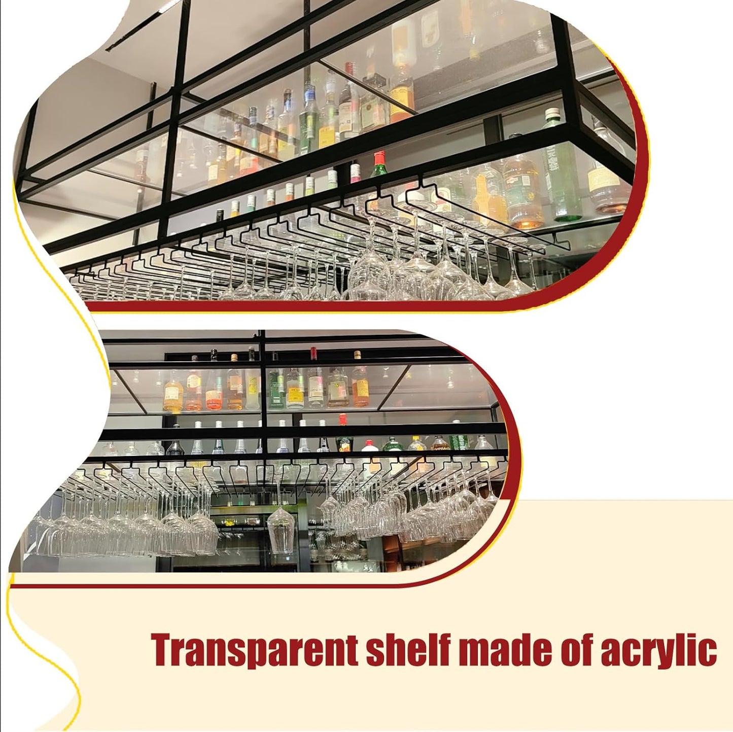 31.4IN Acrylic Ceiling Wine Glass Rack with Transparent Shelves, Hanging Wine Rack with Glass Holder and LED lights, 2 Layer Ceiling Bottle Holder Shelf for Bar Kitchen Decorate (31.4in/80cm)