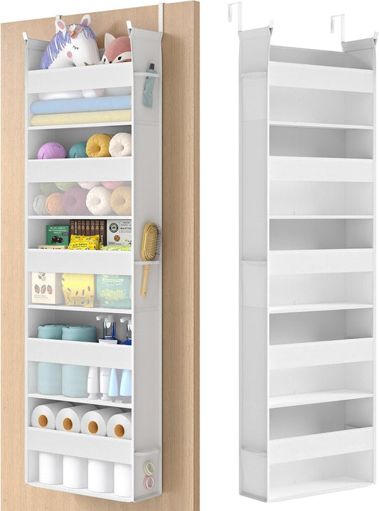 SONGMICS Over The Door Organizer, Hanging Door Organizer with 5 Large Pockets, 5-Tier Fabric Storage, Transparent Nylon Mesh, Foldable, Metal Hooks, with Side Pouches, Cloud White URDH007W01