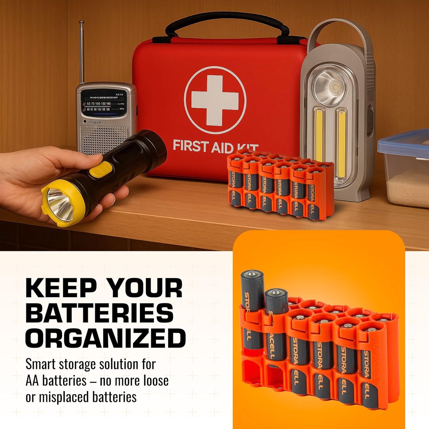 AA Battery Storage Caddy by Storacell, Orange, Holds 12 Batteries (Not included)