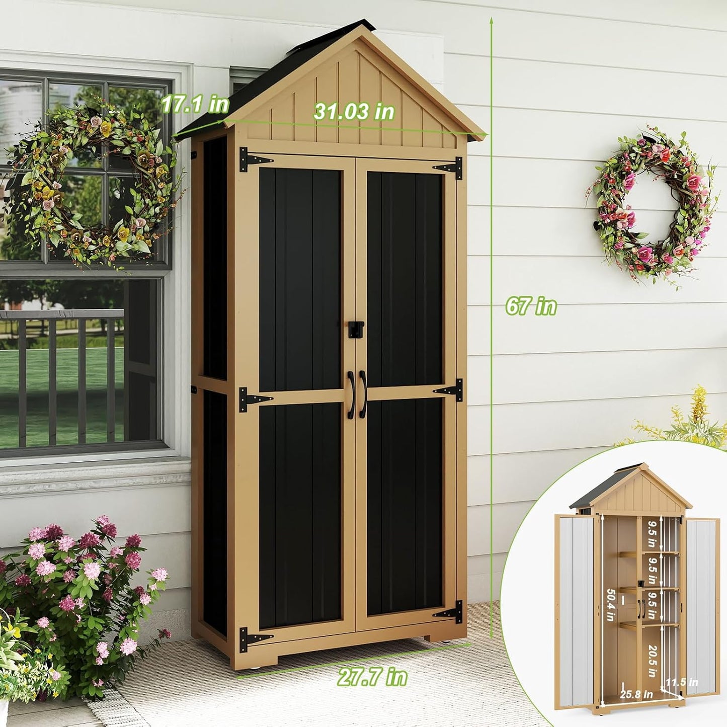 Outdoor Storage Cabinet with Shelf, Wood & Metal Storage Shed with Lockable Doors & Sloping Roof, Outdoor Cabinets for Patio Backyard, Garden Shed Tool Shed and Accessories, Brown