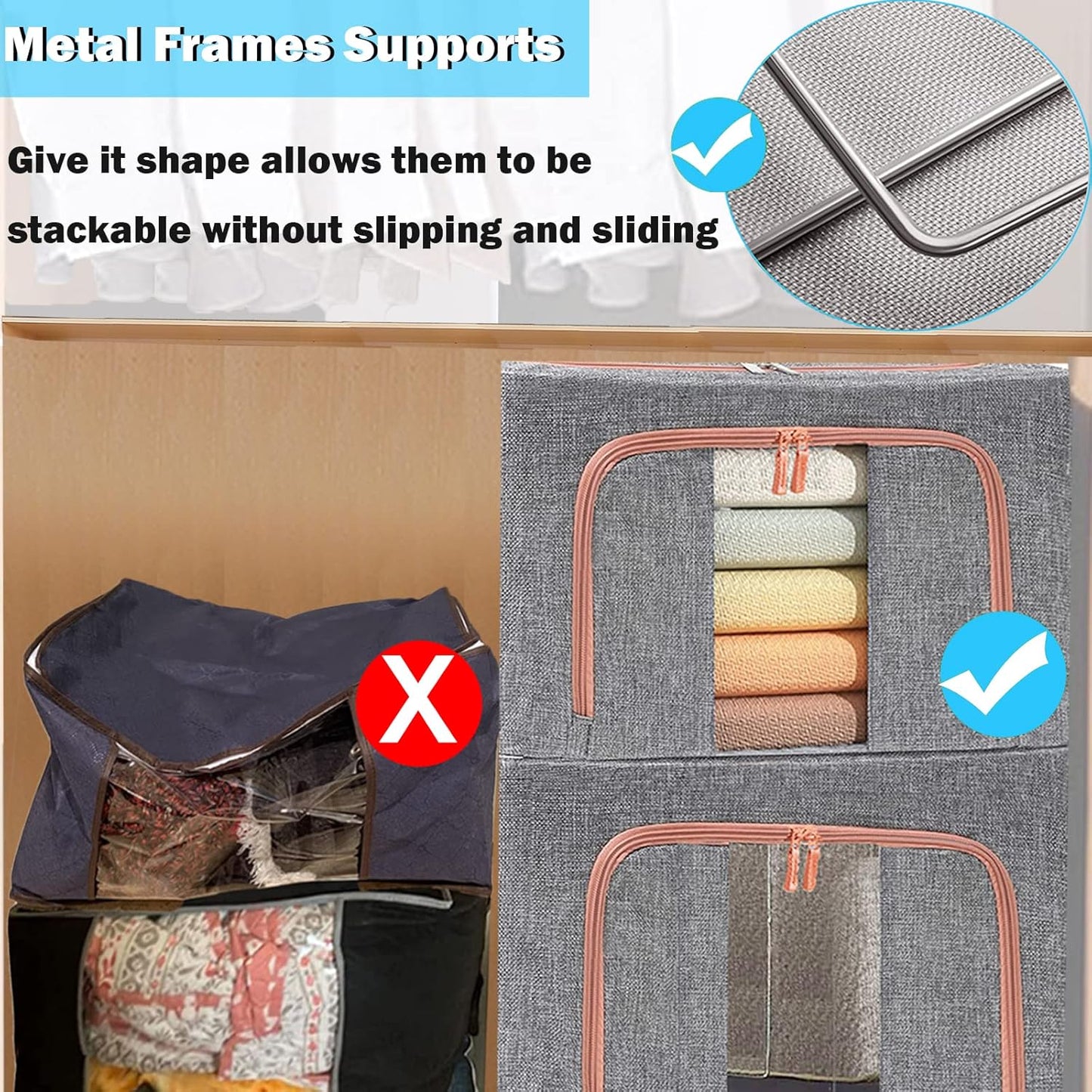 Large Storage Bags,Stackable Clothes Storage Bins with Hold Shape Metal Frame,Foldable Closet Organizer Containers with Zipper,Clear Window,Thick Fabric for Seasonal Clothing (Beige, 100L x 4 Pack)