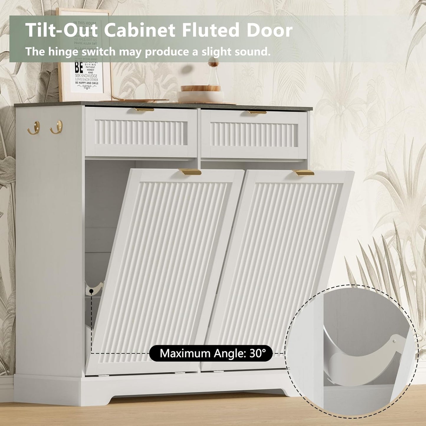 2x13 Gallons Double Tilt Out Trash Can Cabinet, Wooden Fluted Trash Garbage Can Cabinet with 2 Drawers, Hidden Laundry Hamper with Hooks for Kitchen Living Room, White