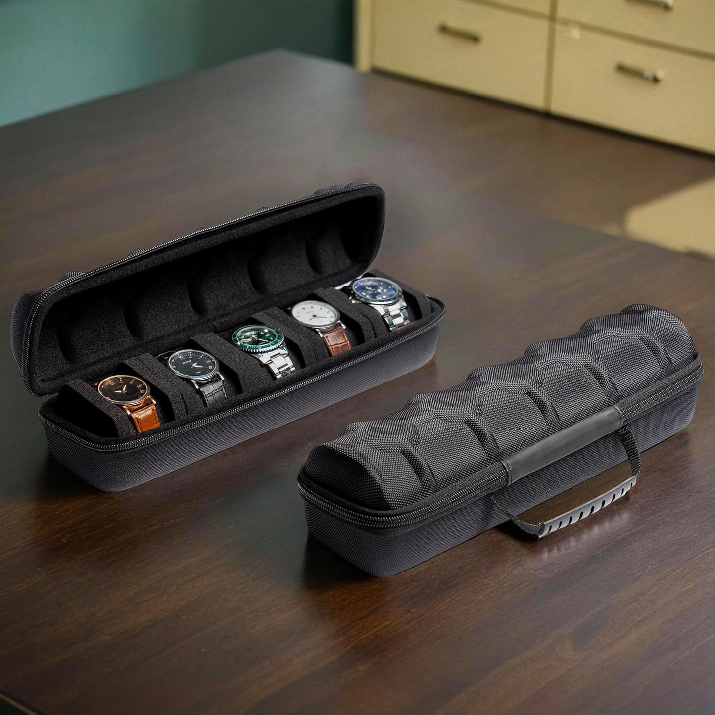 Hard Watch Travel Case, 5 slot Watch Roll Case Storage and Organizer for Men and Women, with anti-move watch pillow