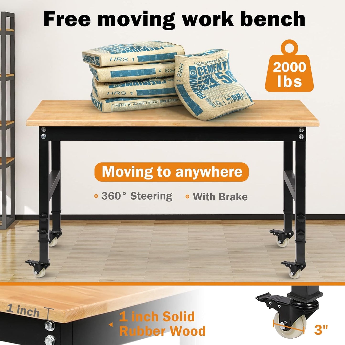 Betterhood 48" Heavy-Duty Adjustable Workbench for Garage, Rubber Wood Shop Table W/Metal Wheels, Hardwood Workstation Weight Capacity Over 2000 Lbs with Wheels