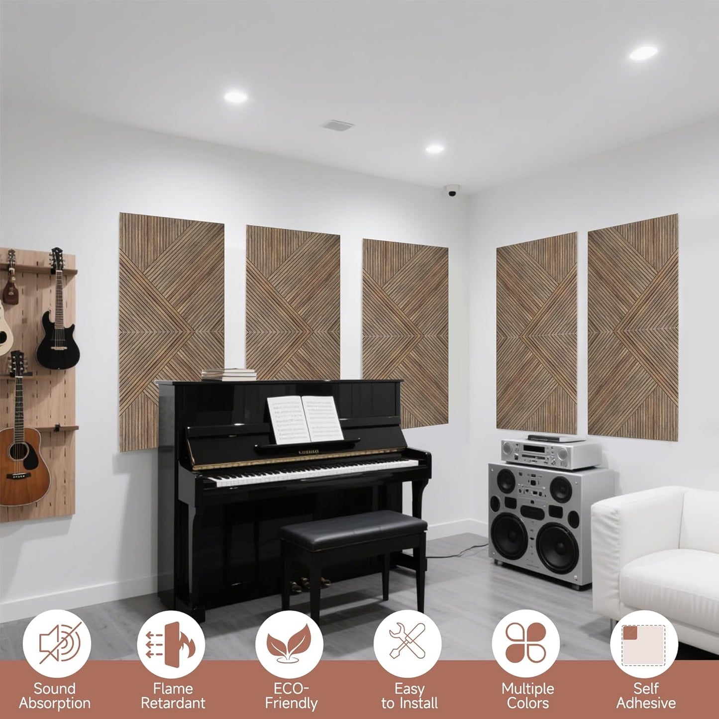 TO-TH Acoustic Panels for Wall and Ceiling - 6 Pack 2'x2'x0.4,Self-Adhesive 3D UV Printing Decorative Wall Panels with Wood Look,Natural Walnut