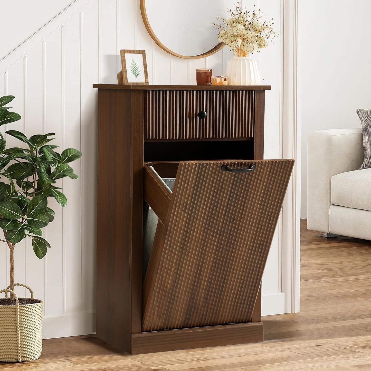 Grepatio Tilt Out Fluted Laundry Hamper Cabinet, 11 Gallon Hidden Laundry Hamper, Wooden Trash Can Cabinets with Drawer, Modern Garbage Can Cabinet for Bathroom, Kitchen, Living Room (Brown, Single)