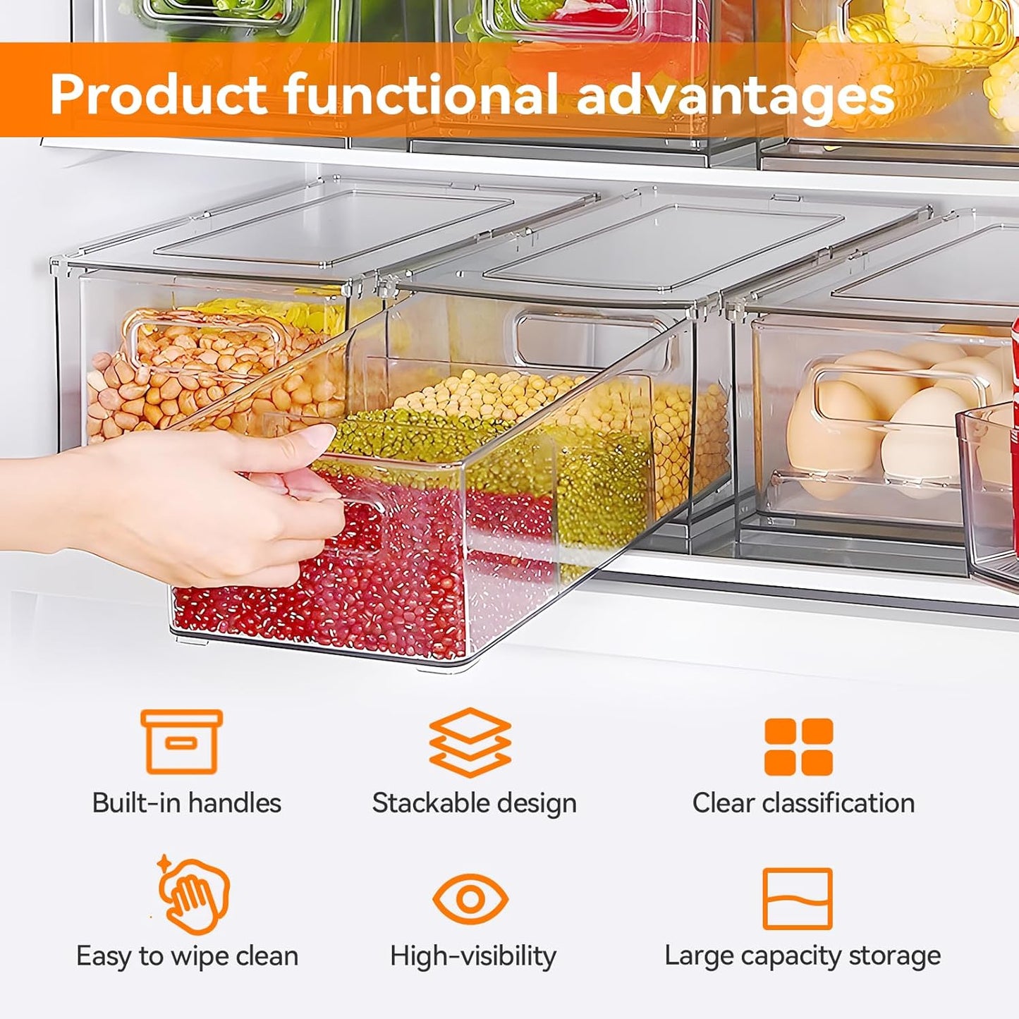 2 Pack Kitchen Storage Drawers Stackable Refrigerator Organizer Bins with Pull-out Drawer, Drawable Clear Fridge Drawer Organizer with Handle, Plastic Kitchen Pantry Storage Containers(2medium)