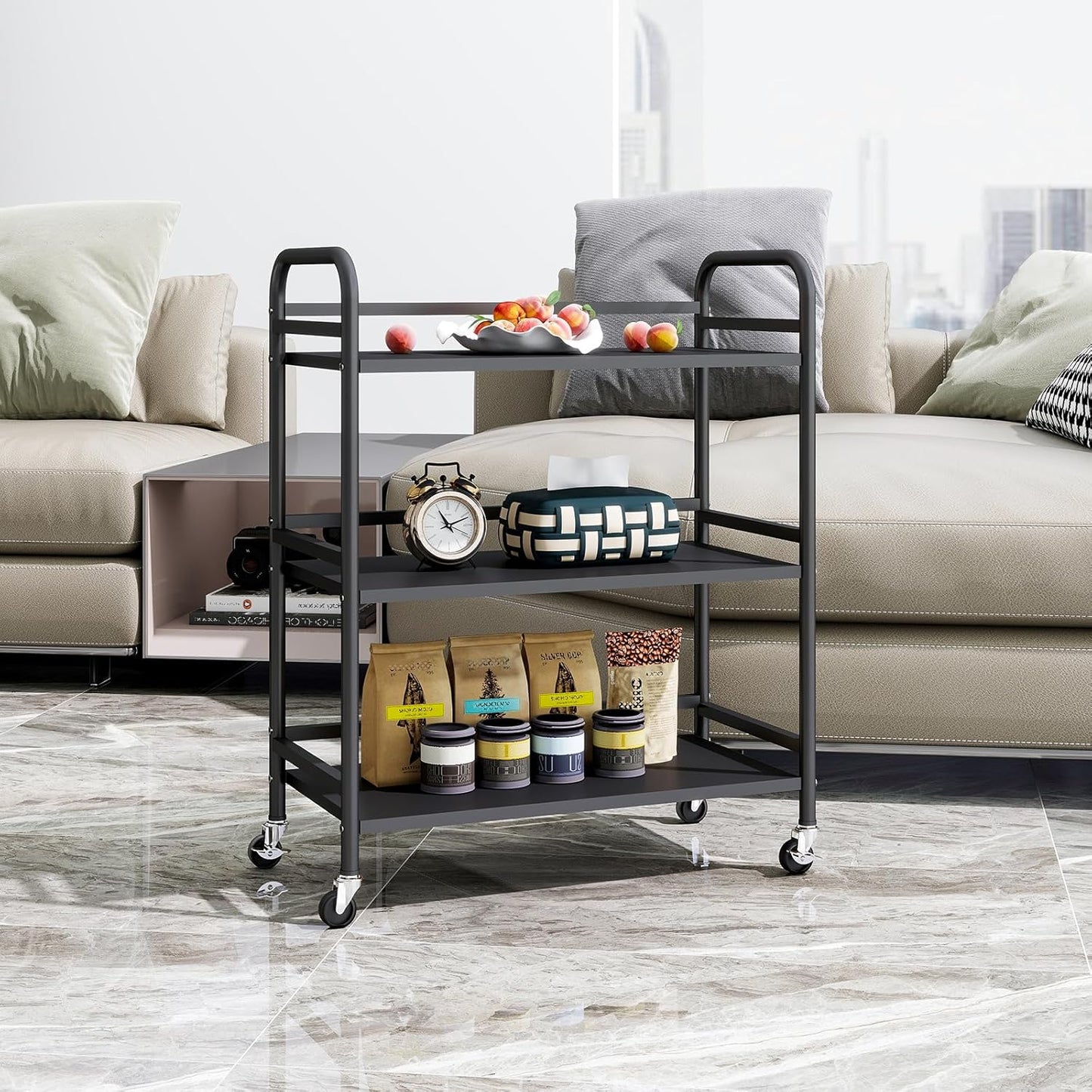 HDANI 3 Tier Metal Utility Multipurpose Rolling Cart,Large Capacity Heavy Duty Cart with Lockable Wheels Rolling Cart with 2 Lockable Wheels for Home,Office,Kitchen,Bathroom,Bedroom(Black)