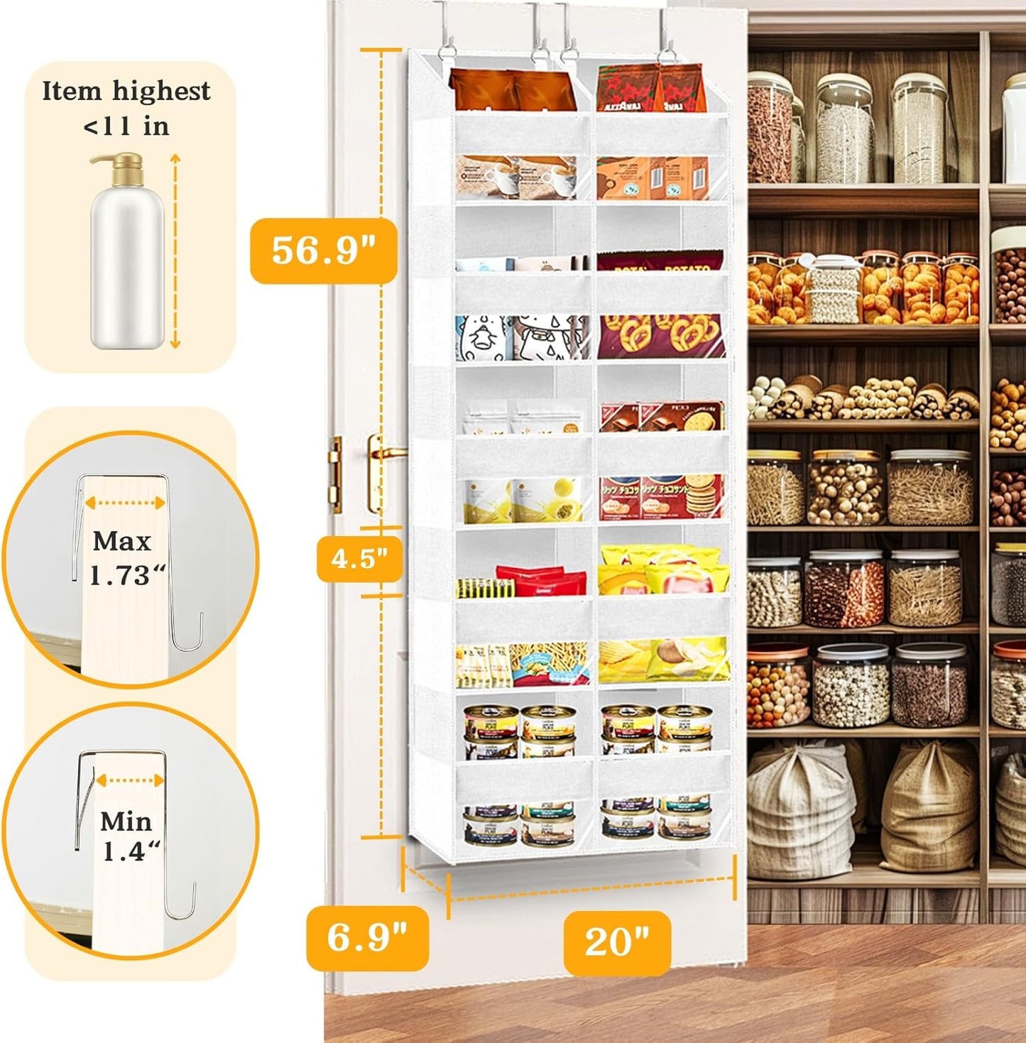 Over The Door Organizer 5 Tiers, Extra Large Behind Door Storage of 10 Compartments, 80 lbs Weight Capacity Hanging Storage Organizer with Clear Window Kids Toys, Shoes,Diapers, Room Storage, White