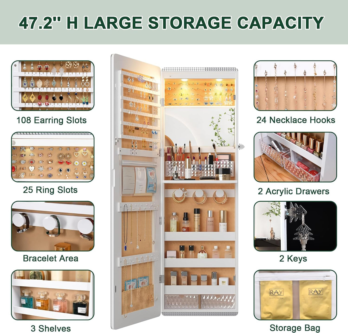 HNEBC LED Mirror Jewelry Cabinet,47.2" Wall Mounted Jewelry Organizer with Full-Length Mirror,Over The Door Hanging Jewelry Armoire Storage Cabinet,Folding Dresser,2 Drawers,Lockable, 3 Shelves(White)