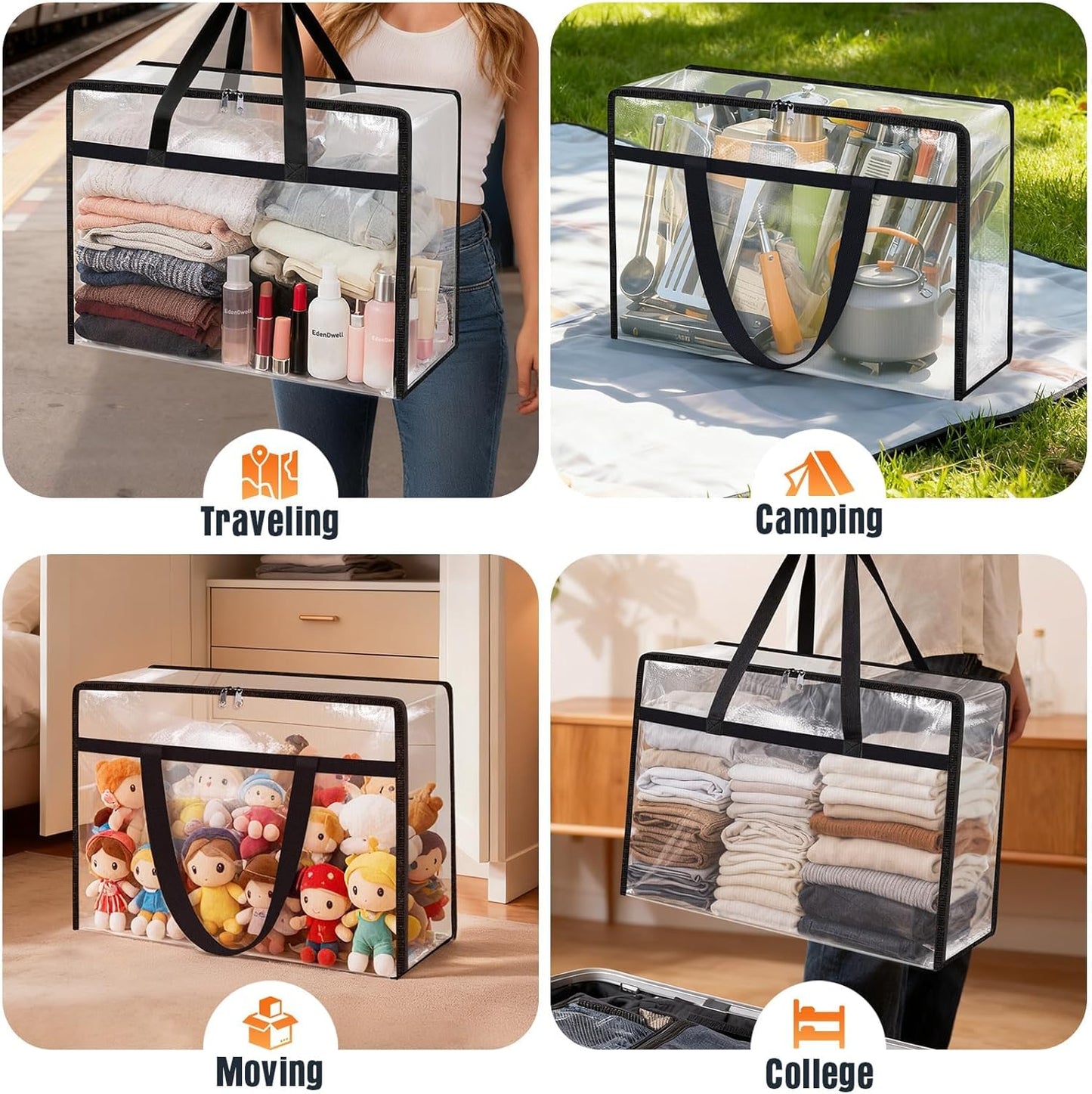 Clear Under Bed Storage Containers - 4 Pack Large Capacity Clothes Storage Bags with Lid & Sturdy Handles, Foldable Moving Bags, Clothing Organizer Totes for Bedding, Comforter, Sheet（60 L）