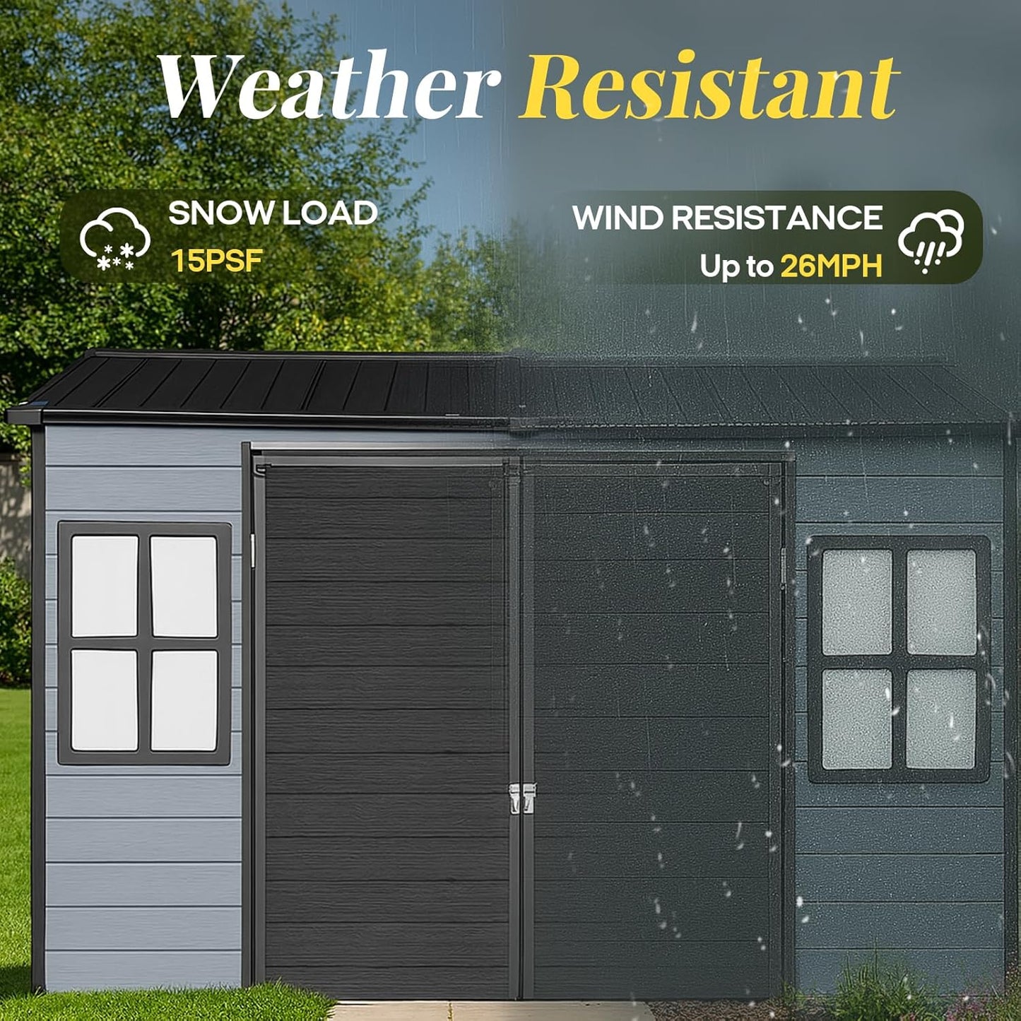 8x6ft Resin Outdoor Storage Shed with Floor and 2 Windows, Plastic Sheds & Outdoor Storage Clearance for Patio Furniture, GardenTools, Bike Accessories and Lawn Mower, Black+Grey