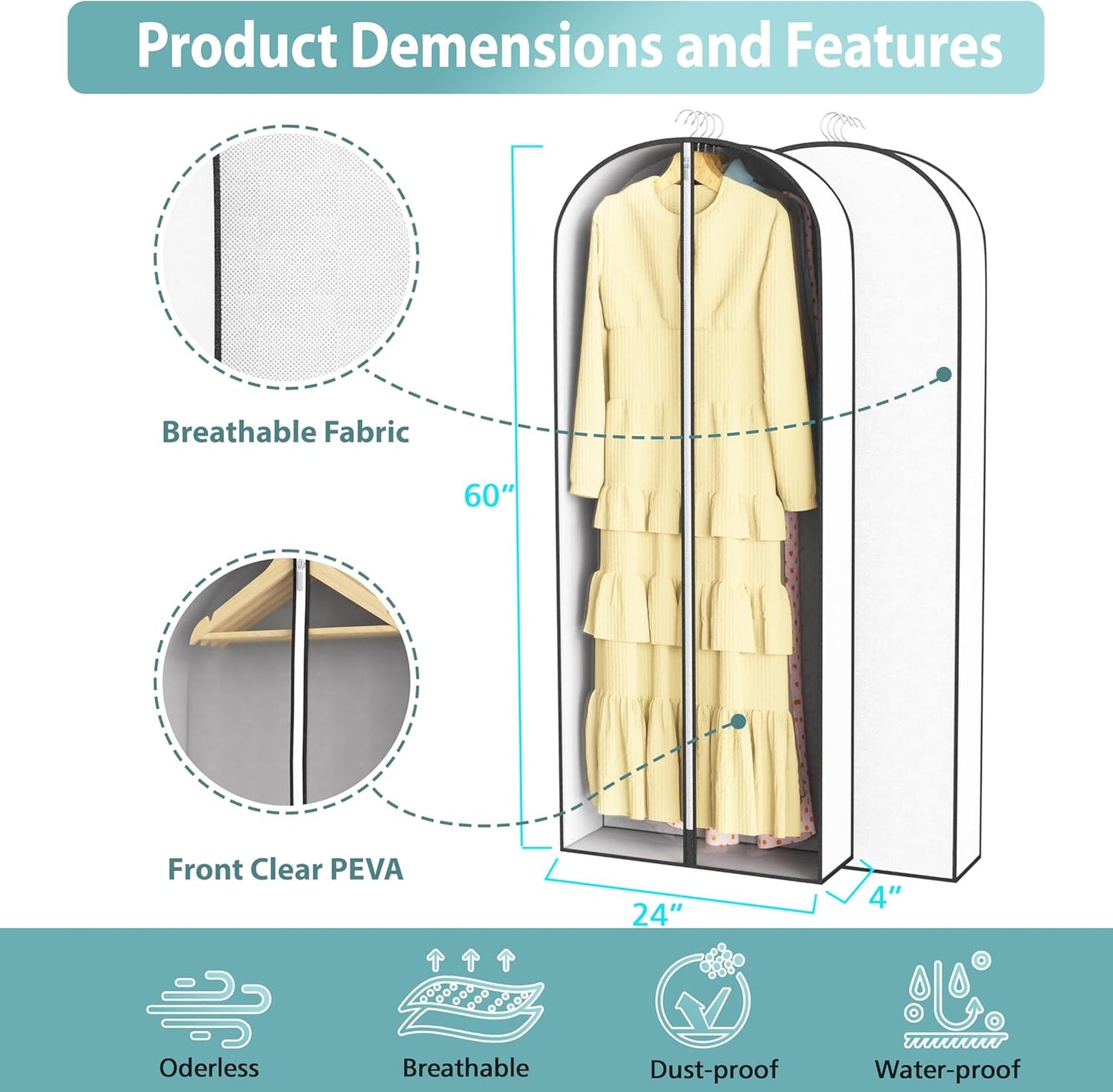 60” Garment Bags for Hanging Clothes 4” Gusseted - with Clear Window, Breathable Fabric, Metal Zipper, Suit Coat Long Dress Protector for Clothes Closet storage, Season Off, Moving, 5 Pack