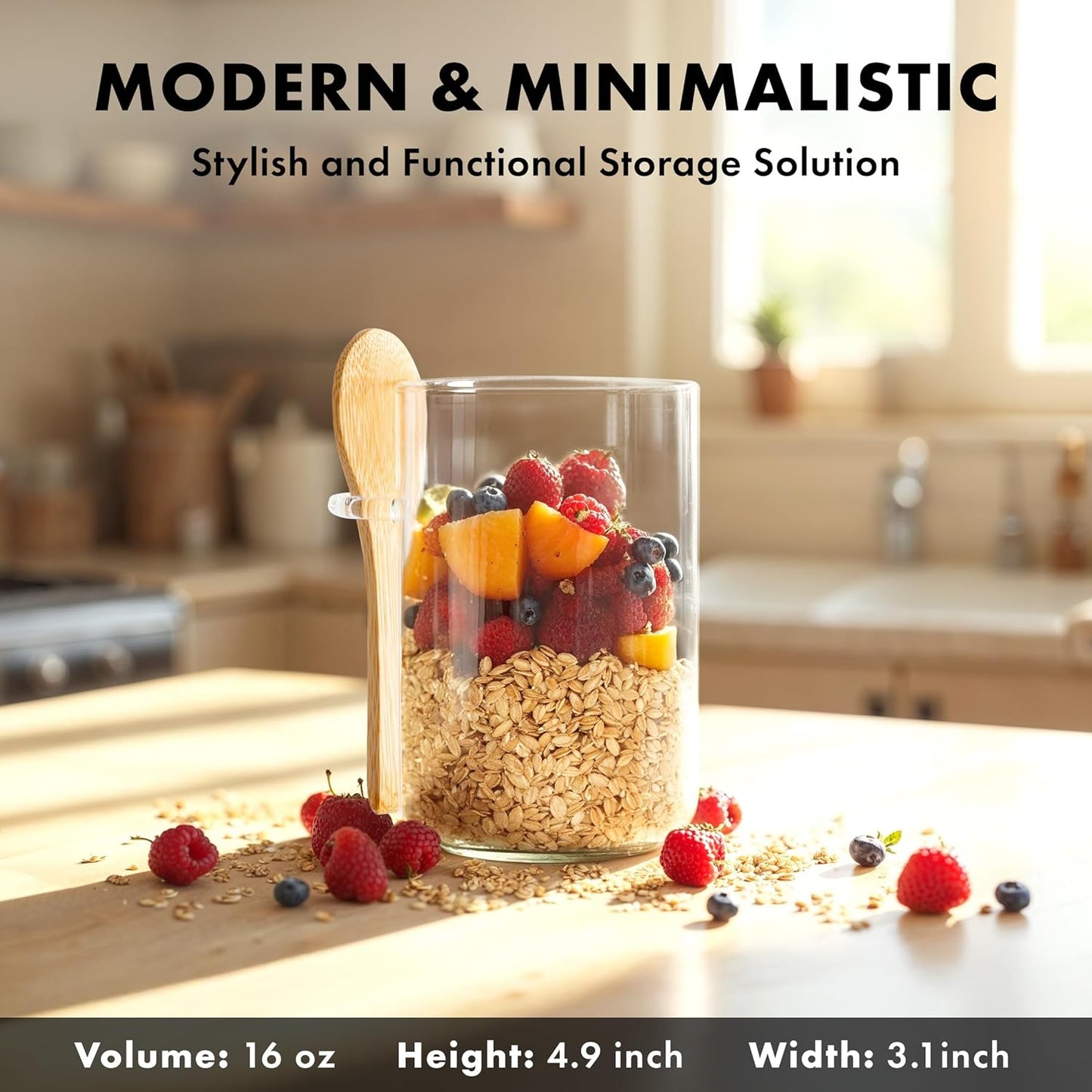 Overnight Oats Containers with Lids, Labels & Spoons (4 x 16oz) Glass Jars for Oatmeal, Meal Prep, Food Storage | Leak-Proof Mason Jars for Oats, Cereal, Yogurt, Chia Pudding [Thicker Glass 3mm]
