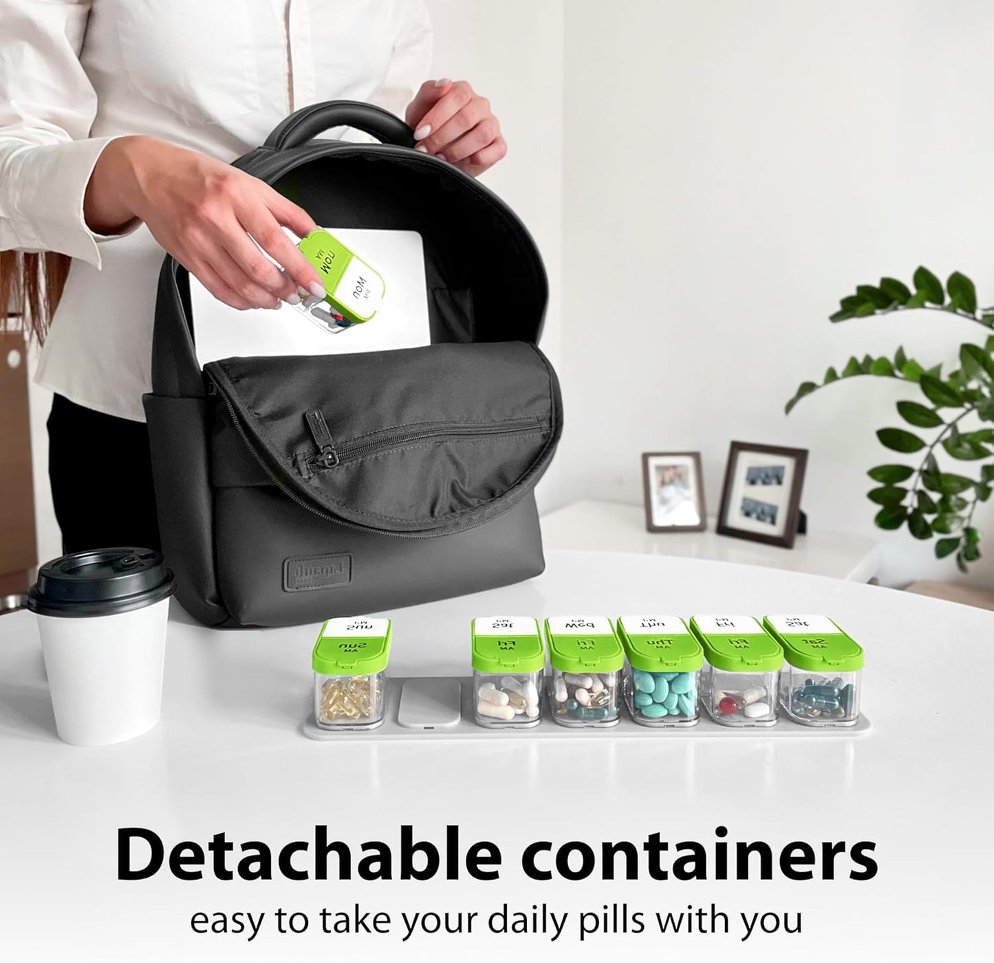 Extra Large Weekly Pill Organizer - XL Vitamin Holder with 7 Detachable AM PM Compartments - Portable Medicine Dispenser for Home and Travel, Big Supplement Container for Weekly or Daily Use, Green