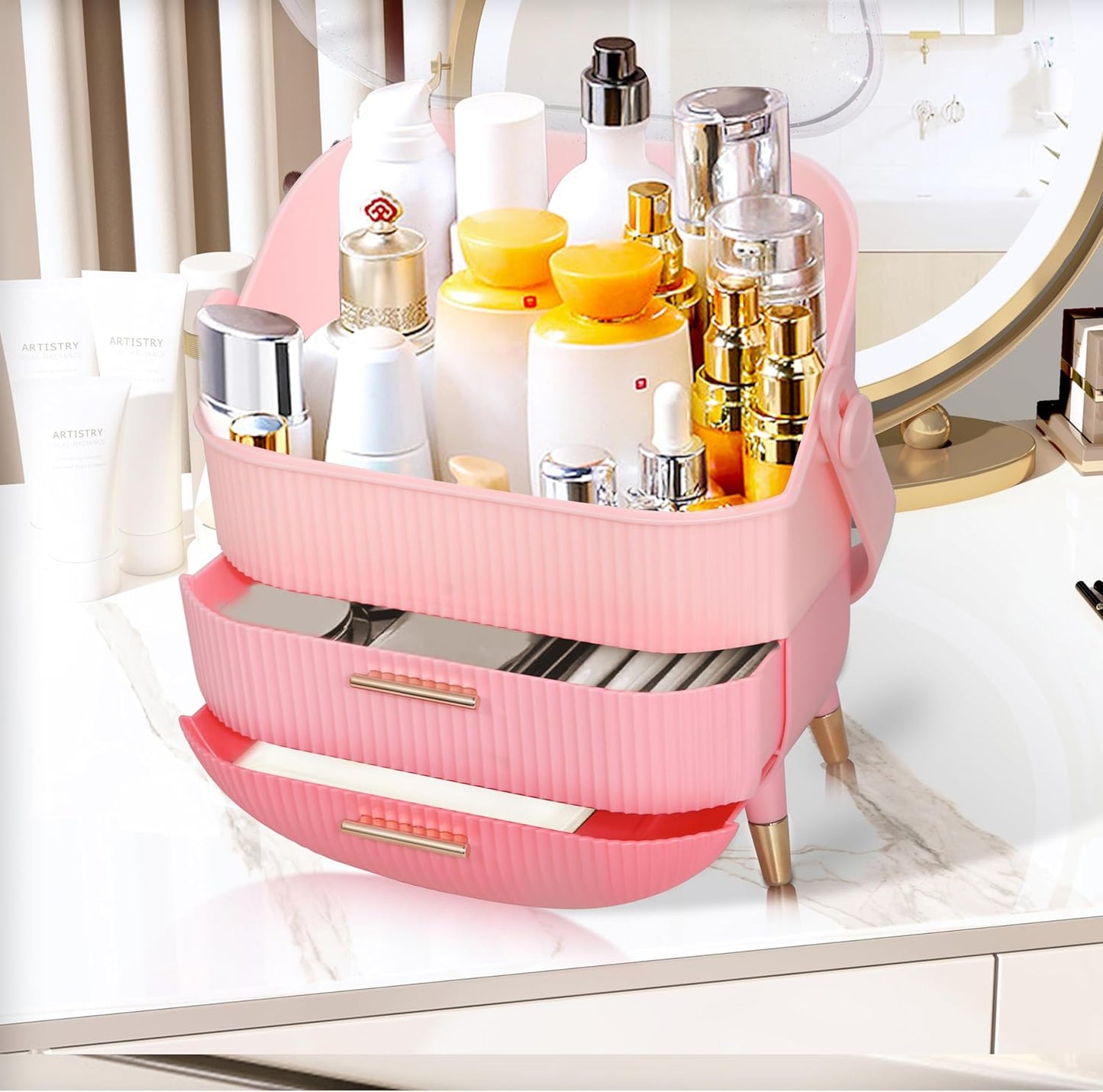 Teen Girls Gift Makeup Organizer,Skincare Organizer Jewelry Storage,Cosmetics Storage and Display Case,Make Up Holders and Organizers for Countertop,Bathroom Organizer (Triple Pink)