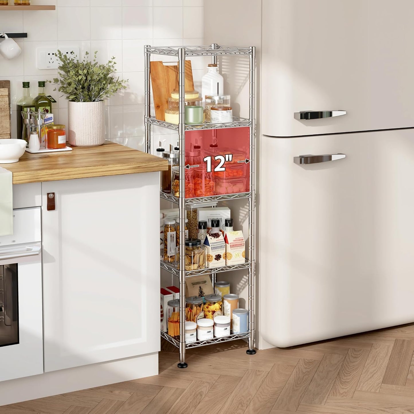 5 Wire Shelving Metal Shelves Storage Rack:Adjustable Storage Shelves Standing Shelf Units and Narrow Shelf for Laundry Bathroom Kitchen Pantry Closet Office 12''Wx12''Dx49''H Chrome