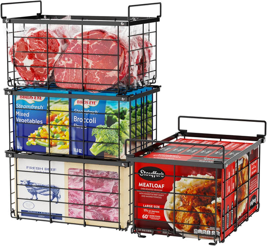 iSPECLE Deep Freezer Organizer Bins - 4 Pack Large Freezer Organizer for 5 to 7 Cu.Ft Chest Freezer, Stackable Easy Access Food No More Digging, Sturdy Metal Wire Basket Not Scratch Bottom, Black