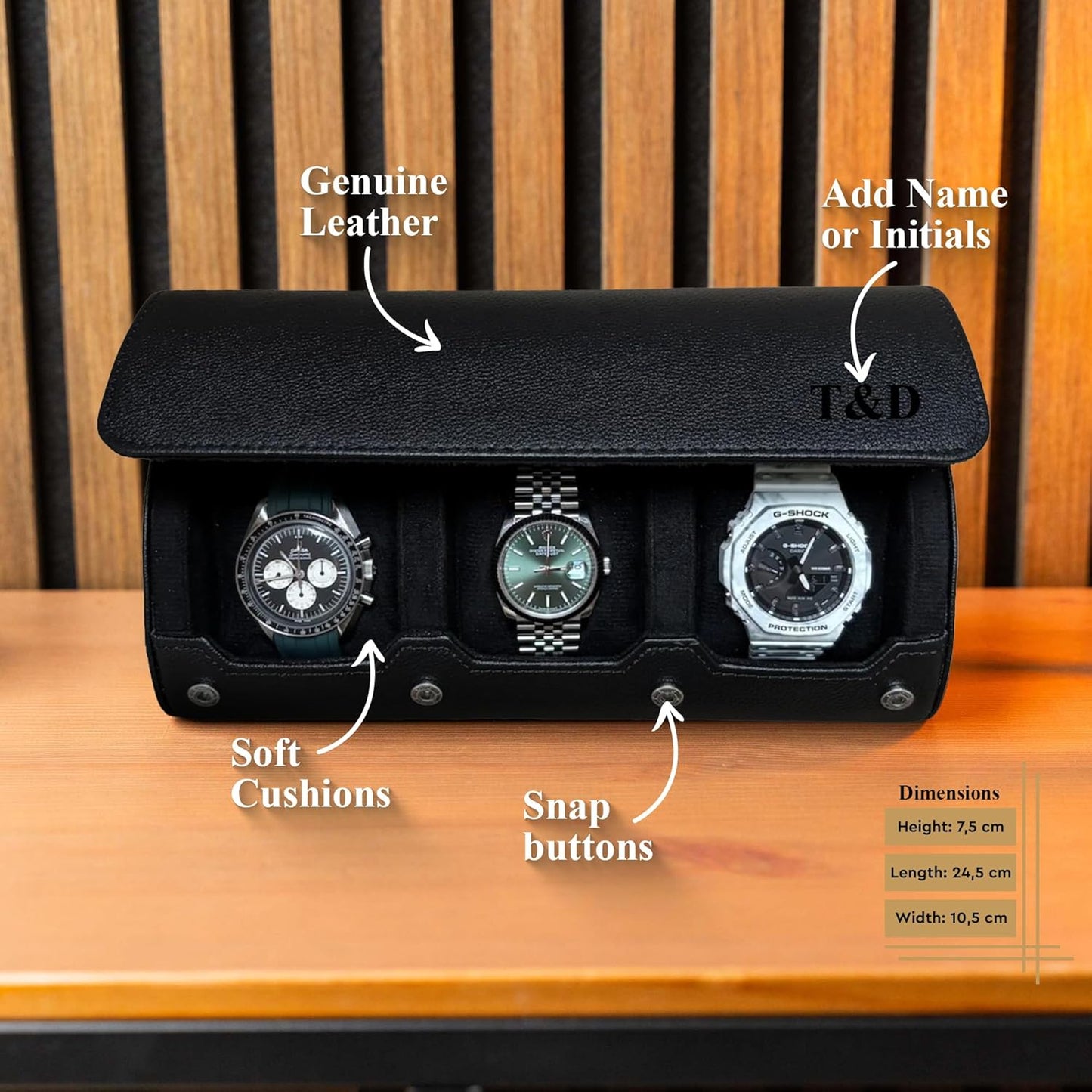 DailyWatch | Personalized Watch Roll Travel Case For 3 Watches - Handmade Genuine Leather Travel Case With Custom Engraving of Name or Initials - All Black