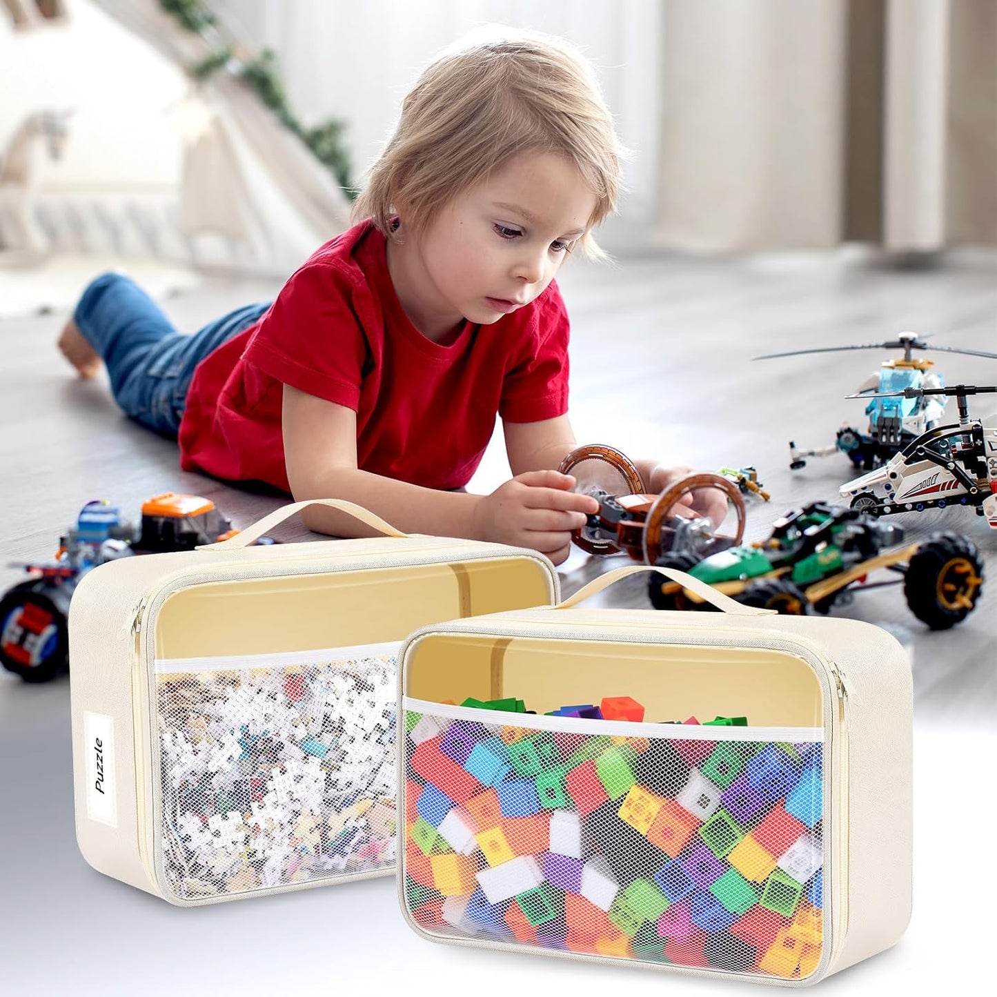 Abbylike 6 Pack Toy Storage Bag Bricks Building Set Car Toy Organization Bags for Traveling Carrying Case, Storage Organizer Puzzles(White)