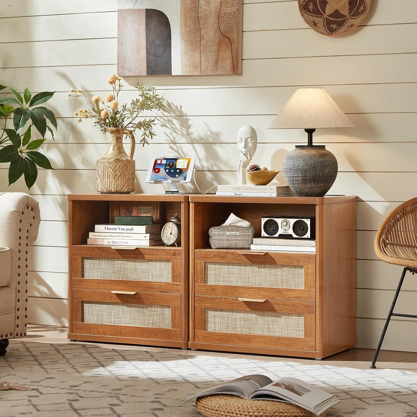 LEYAOYAO Rattan Nightstands Set of 2 with Charger Station, 23" Wide Boho Night Stand with 2 Drawers, Natural Wood Bedside Table Open Shlef, Bed Side End Table Dresser for Bedroom, Living Room Hallway