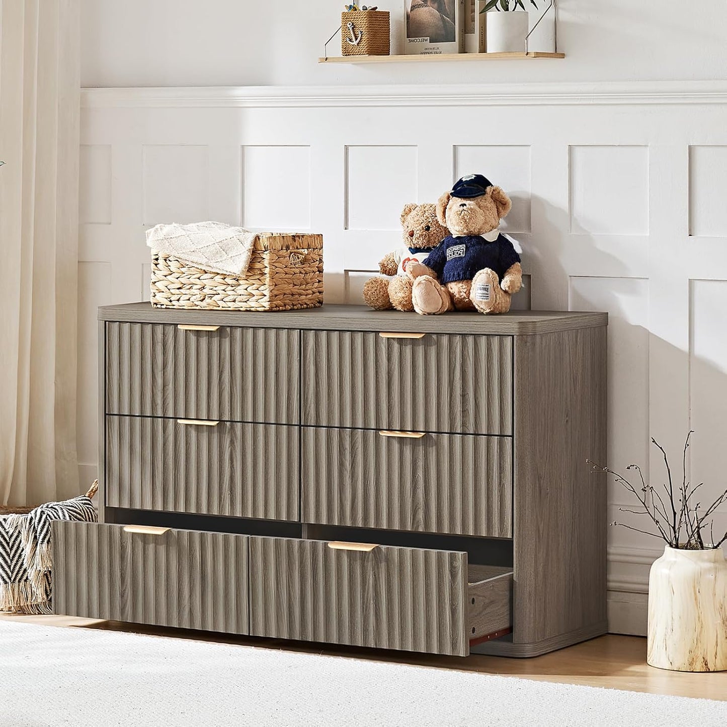 LEYAOYAO Fluted 6 Drawers Dresser Set of 2, 48" Wide Modern Chest of Drawers with Wood Grain Top, Curved Profile Design, Dresser TV Stand, Wooden Drawer Organizer for Bedroom, Living Room,Hallway,Grey