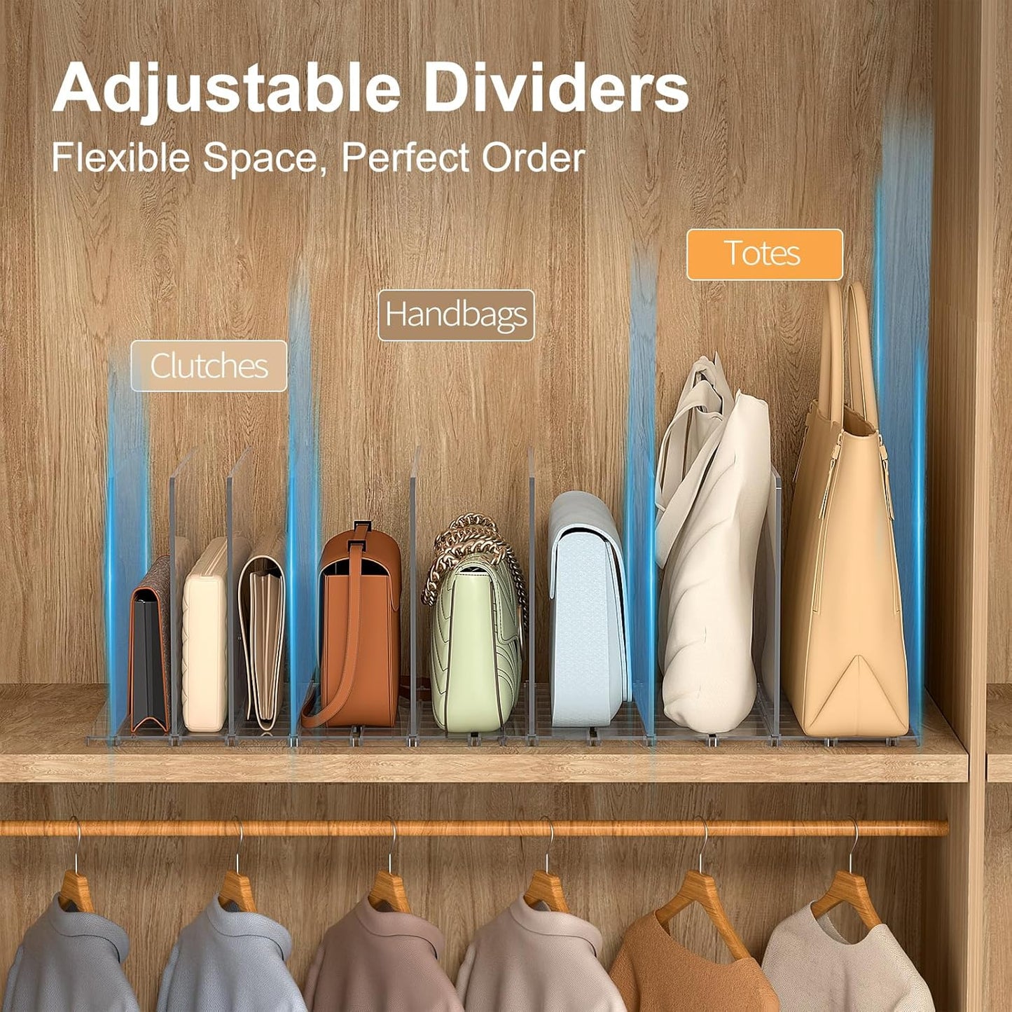 Bag & Purse Organizer for Closet: Adjustable Clear Handbag Storage Shelf - Plastic Clutch Dividers for Closet Organizers and Storage - Keep Carteras & Pocketbook Upright