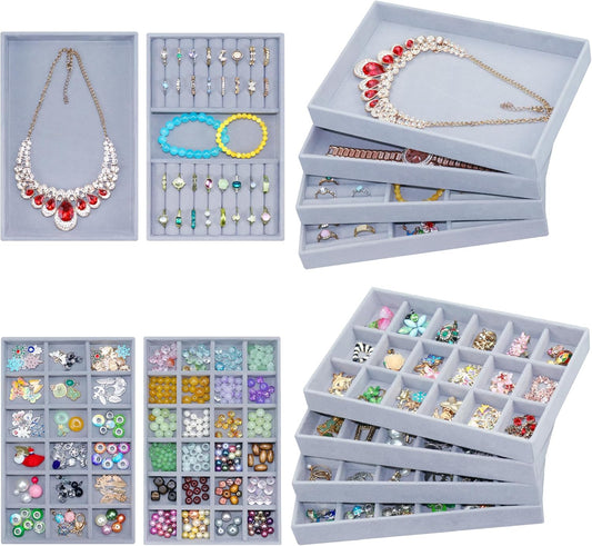 8 Pack Velvet Jewelry Trays X-Large Stackable Jewelry Drawer Organizer 8-Layer Jewellry Tray Set for Earrings, Necklaces, Rings,Bracelets with Removable Divider for Dresser & Vanity