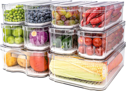 Fridge Organizers and Storage, 10 Pack Clear Freezer Organizer Bins with Lids for Kitchen, Pantry, Refrigerator, Food, Fruit, Vegetable Storage