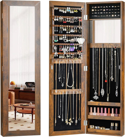 Giantex Wall Mounted Jewelry Cabinet with Full Length Mirror, Over The Door Jewelry Armoire Organizer with Large Storage, Makeup Mirror & Velvet Lining (Rustic Brown)