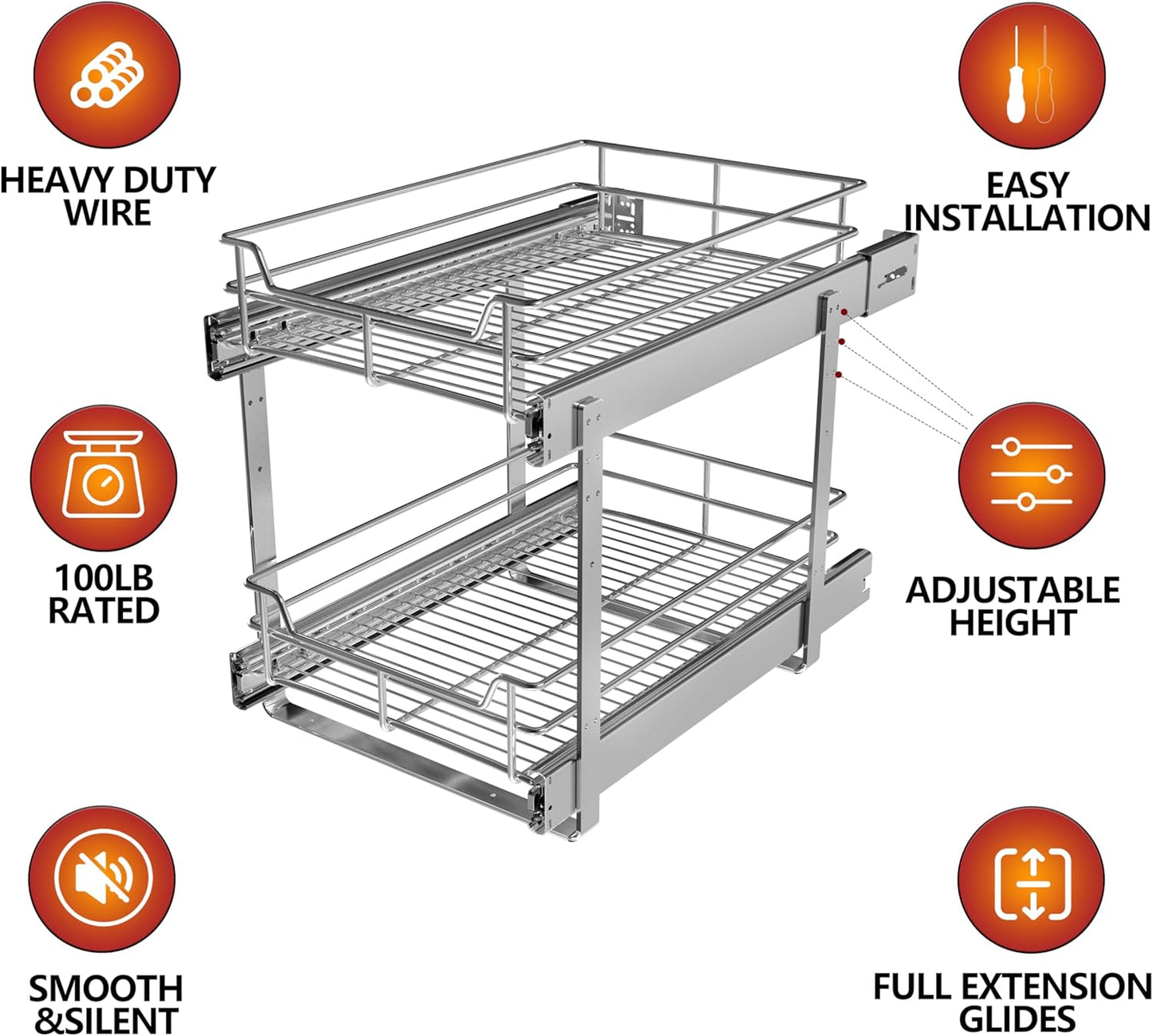 2-Tier Cabinet Pull Out Shelves (20" W x 22" D), Slide Out Shelves for Kitchen Cabinets, Metal Pots and Pans Organizer for Under Cabinet