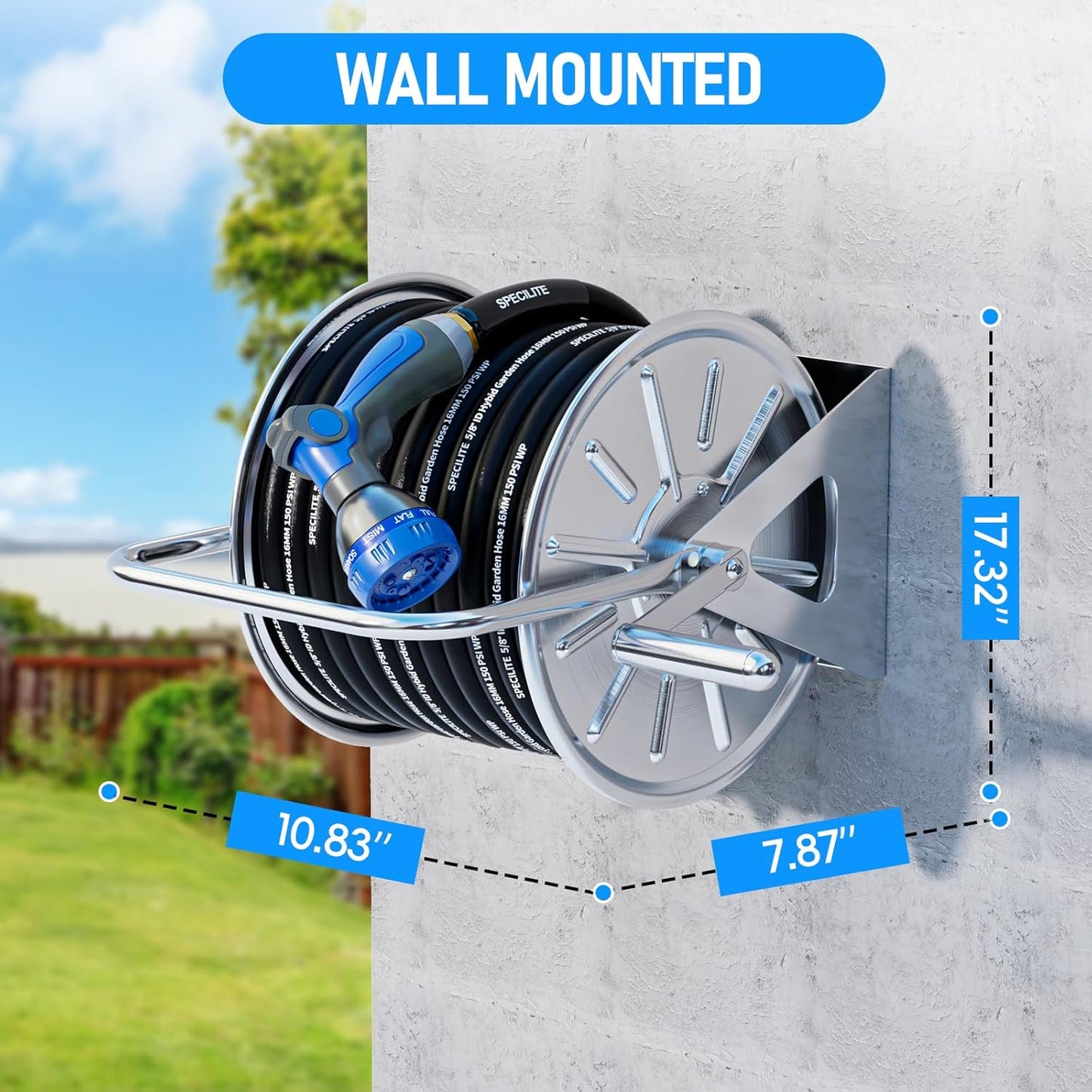 SPECILITE Stainless Steel Garden Hose Reel with 5/8" 75FT Hybrid Rubber Hose and 6FT Leader Pipe, Wall/Floor Metal Mounted Storage Spool, UV Resistant for Outside, Yard, Patio