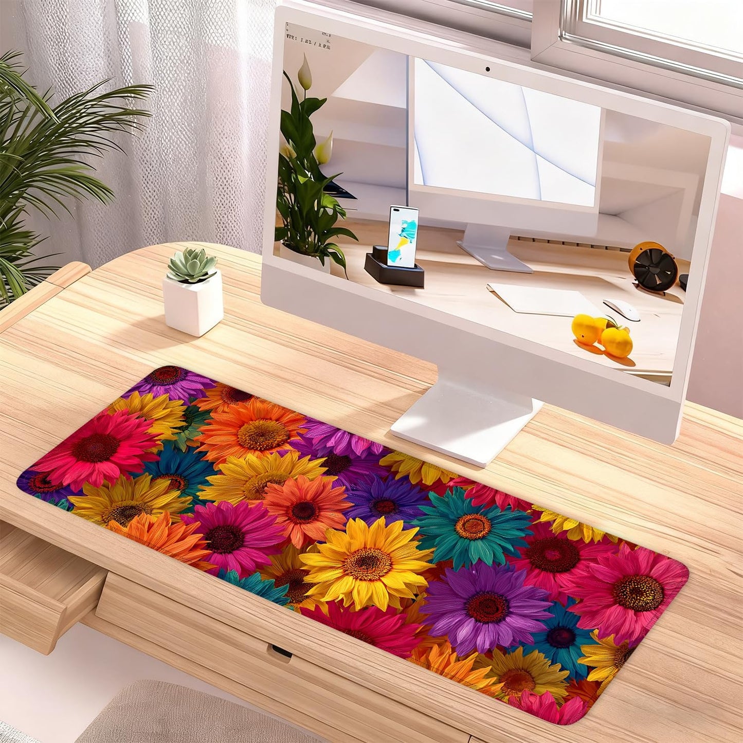 Colorful Floral Mouse Pad – Large Extended Desk Mat 31.5 x 11.8 in– Bright Rainbow Sunflower Design, Non-Slip Rubber Base, Waterproof Surface, Oversized Keyboard & Mouse Pad for Office or Gaming