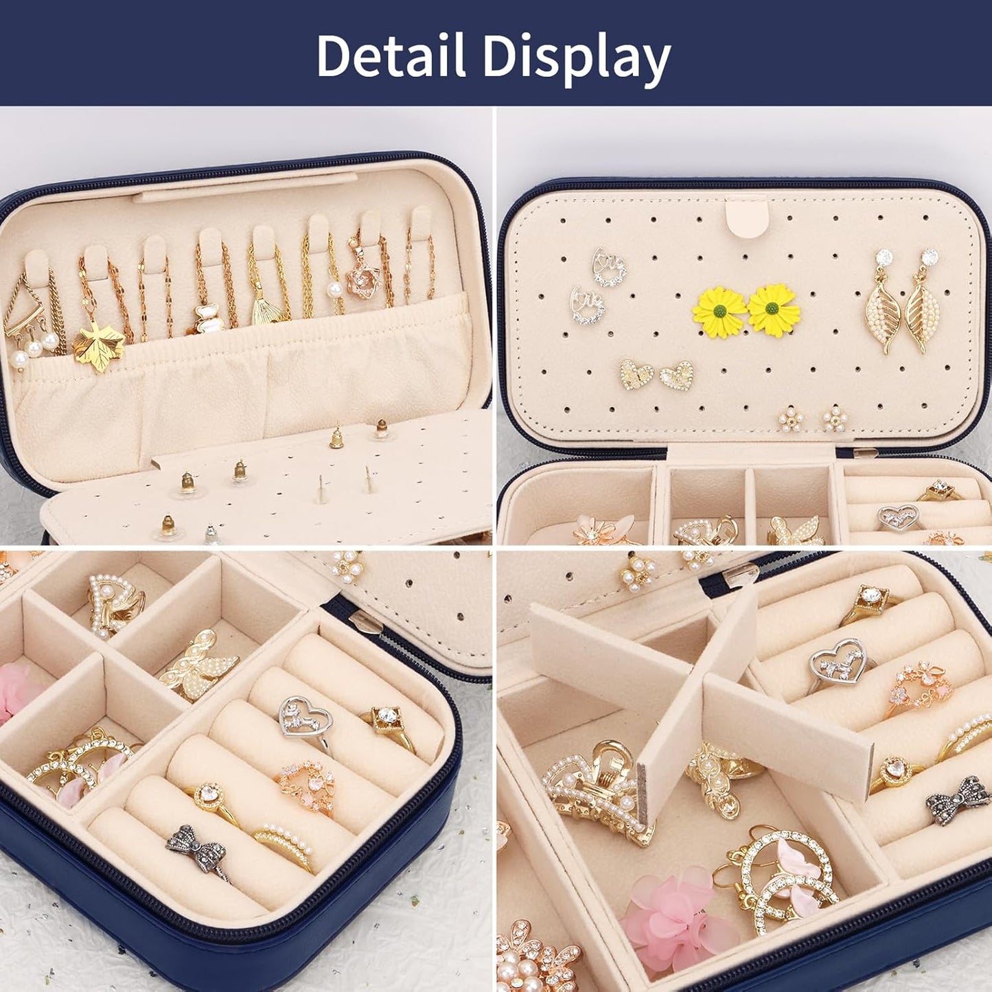 DesignSter Travel Jewelry Box, PU Leather Portable Jewelry Case, Small Jewelry Boxes for Gifts, Travel Jewelry Organizer for Women Rings Earrings Necklaces Bracelets (Dark Blue)