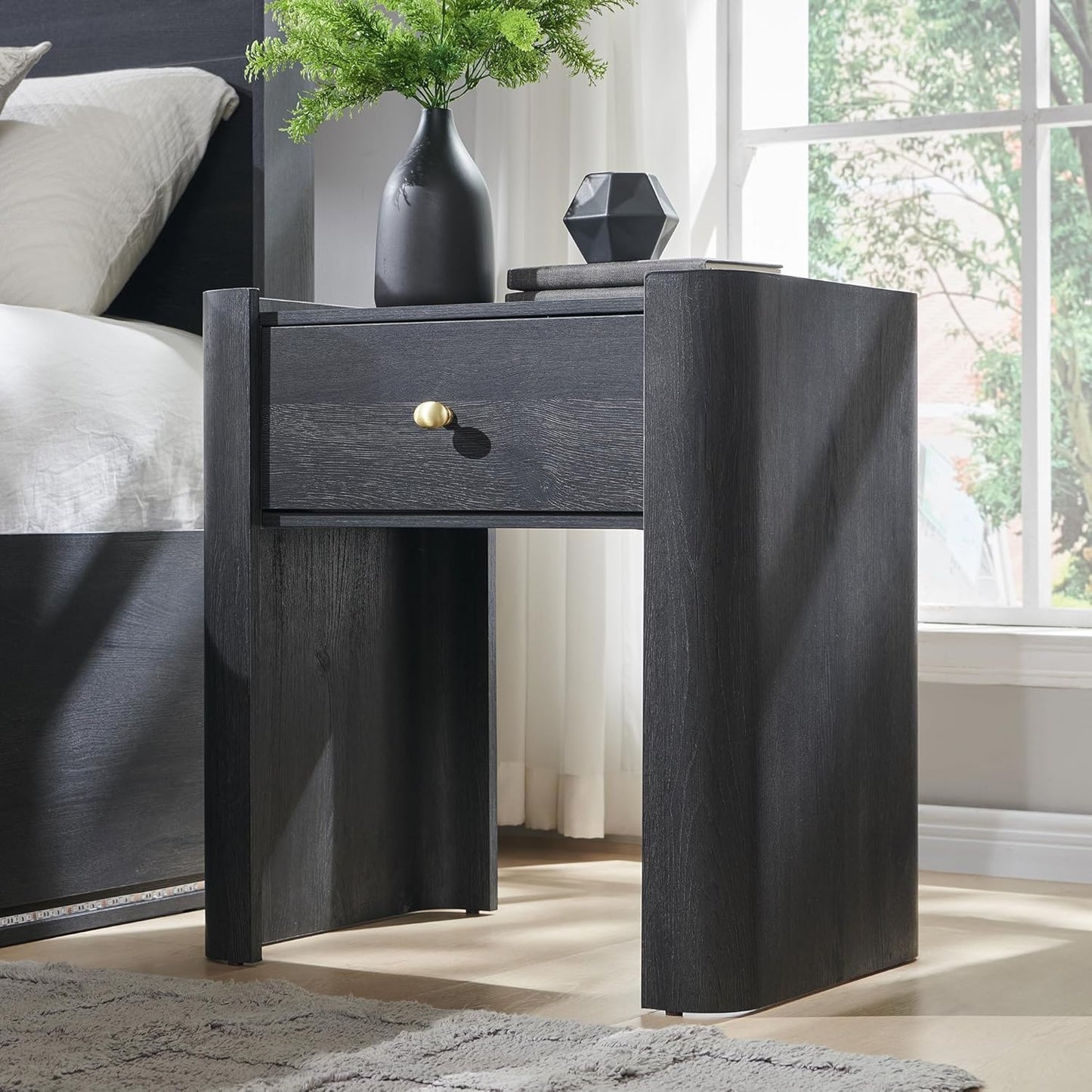23.6" Tall Modern Nightstand with Charging Station, 22" Wide Curved Bedside Table with 1 Storage Drawer, Wooden Night Stand, Large End Table for Bedroom, Living Room, Dark Grey