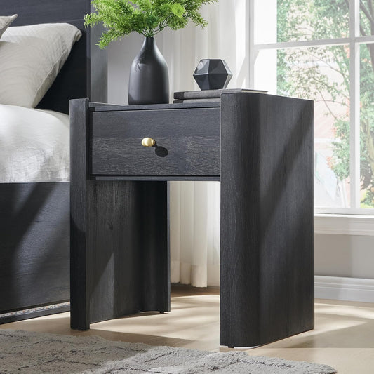 23.6" Tall Modern Nightstand with Charging Station, 22" Wide Curved Bedside Table with 1 Storage Drawer, Wooden Night Stand, Large End Table for Bedroom, Living Room, Dark Grey