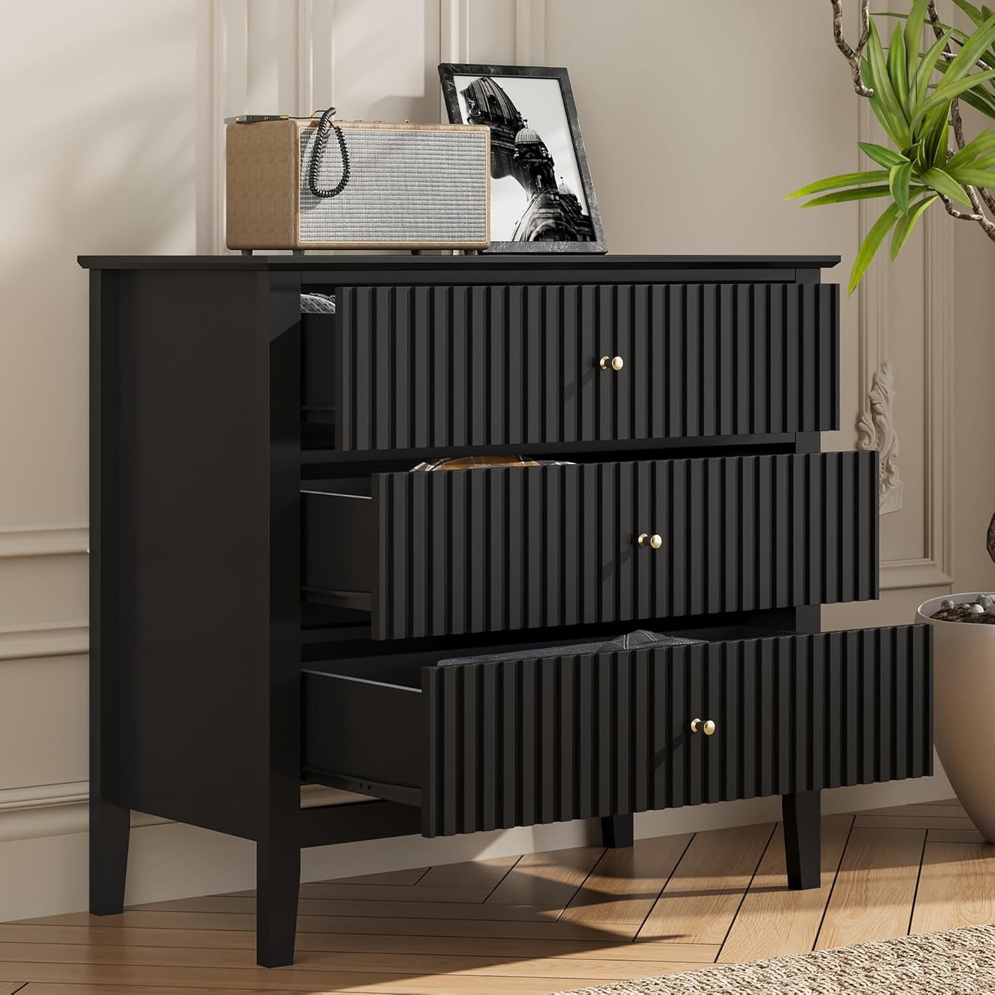RoyalCraft Black Fluted 3 Drawer Dresser, 32 inch Wide Dresser Nightstand for Bedroom, Modern Wood Chest of Drawers, Large Painted Nightstand with 3 Drawers for Closet, Hallway, Entryway