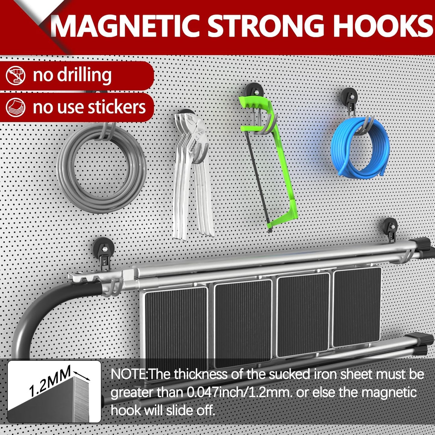 3-H Heavy Duty Magnet Garage Hooks 4 Pack, J Shape Strong Magnetic Hooks for Hanging Cordless Power Drill, Utility Magnetic Tool Holder for Metal Cabinet, Steel Pegboard, Toolbox, Garage(Grey)