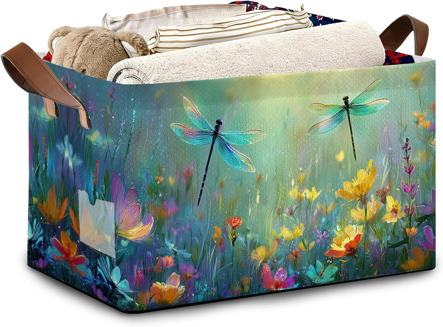 Dragonfly Storage Basket,Flower Collapsible Storage Bin Cubes for Living Room Bedroom Blankets Home Storage 17x11.5x10Inch