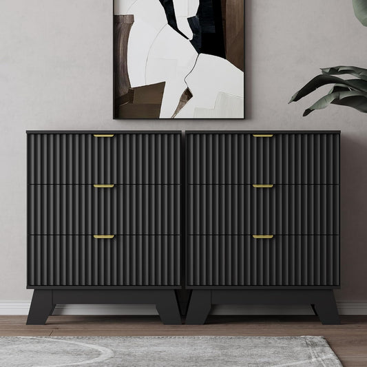 Night Stand Set 2, Bedside Table & End Table, Mid Century Modern Fluted Wood Nightstand with 3 Drawers & Metal Handles, Farmhouse Nightstand for Bedroom, Black
