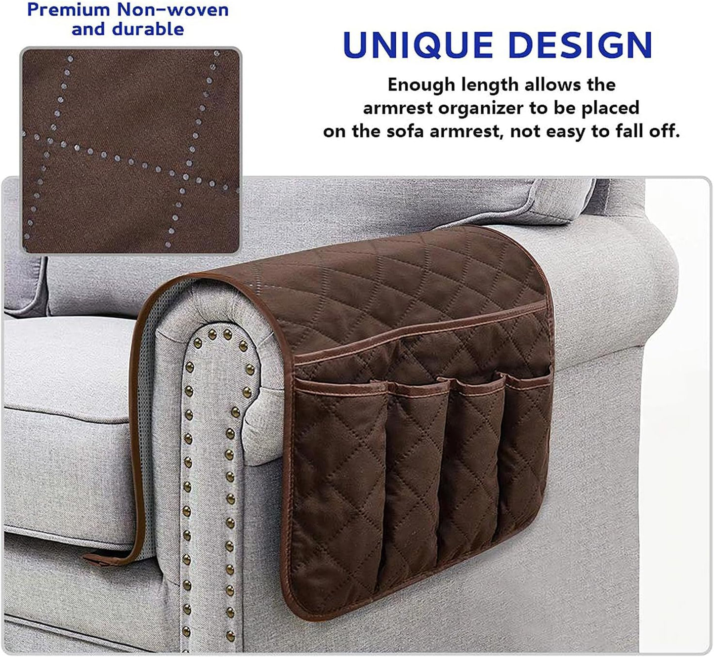 Sofa Armrest Organizer Non-Slip Arm Chair Bedside Caddy Storage Organizer for Recliner Couch with 5 Pockets for Cell Phone TV Remote Control Magazines (DARK BROWN)