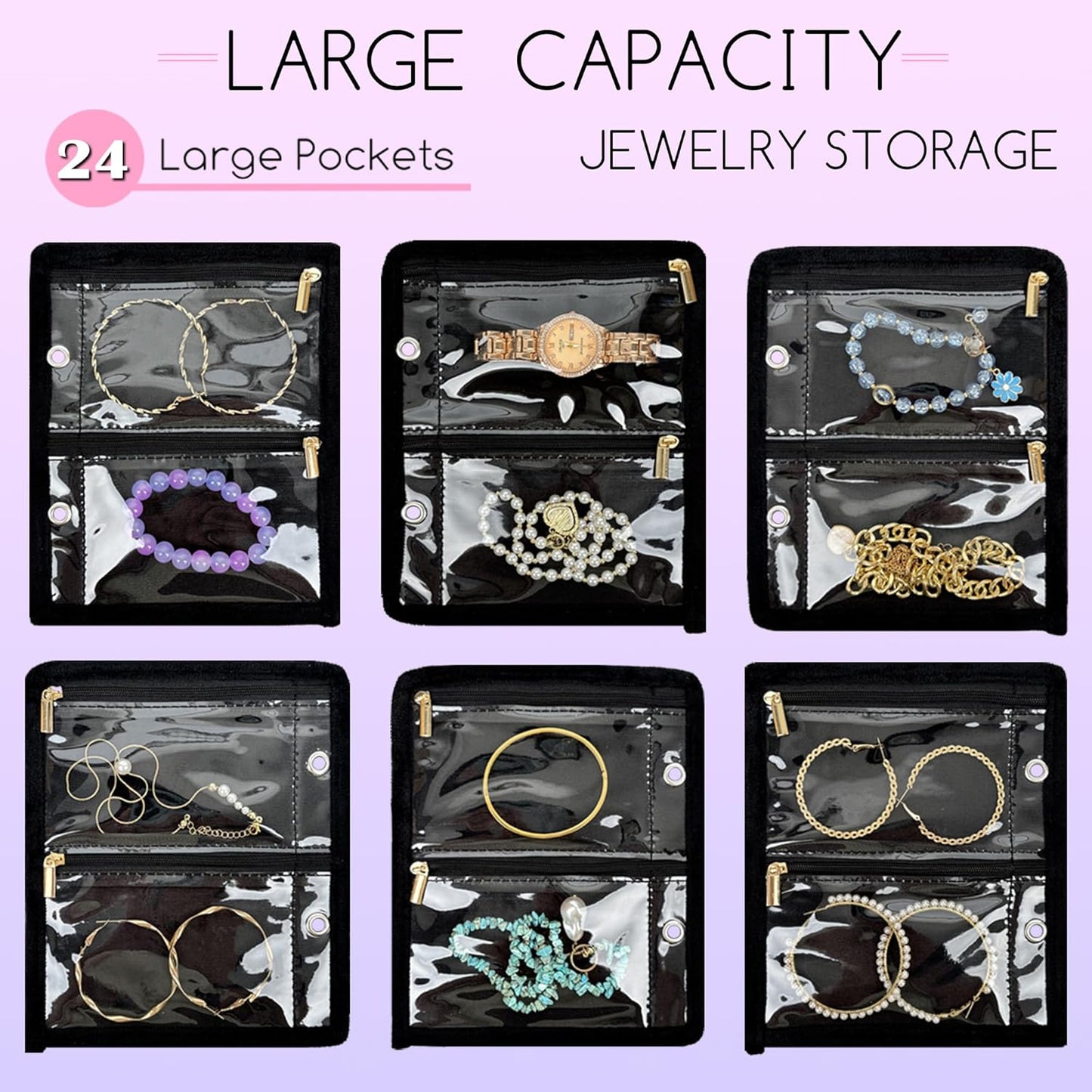 Travel Jewelry Organizer Case,Jewelry Bags for Traveling, Jewelry Binder with 24 Pcs Clear Zipper Velvet Pouches for Storing Earrings, Rings, Necklace, Bracelet, Watch (Black)