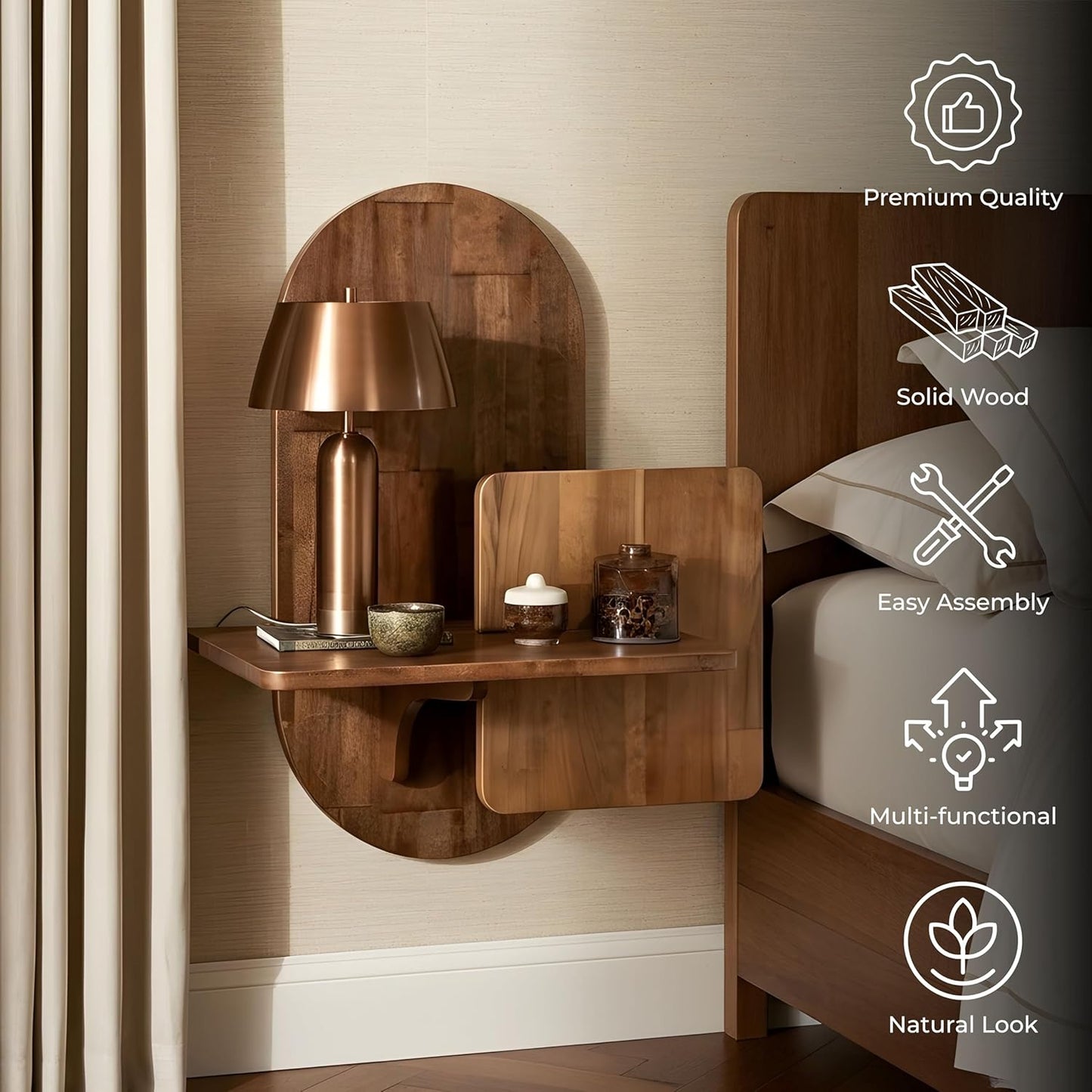 Behomes Claudia Solid Wood Floating Nightstand, Rustic Wall Mounted Bedside Table, Mid Century Modern Floating Shelf for Bedroom, Side End Table for Living Room, Space Saving Night Stand, Walnut
