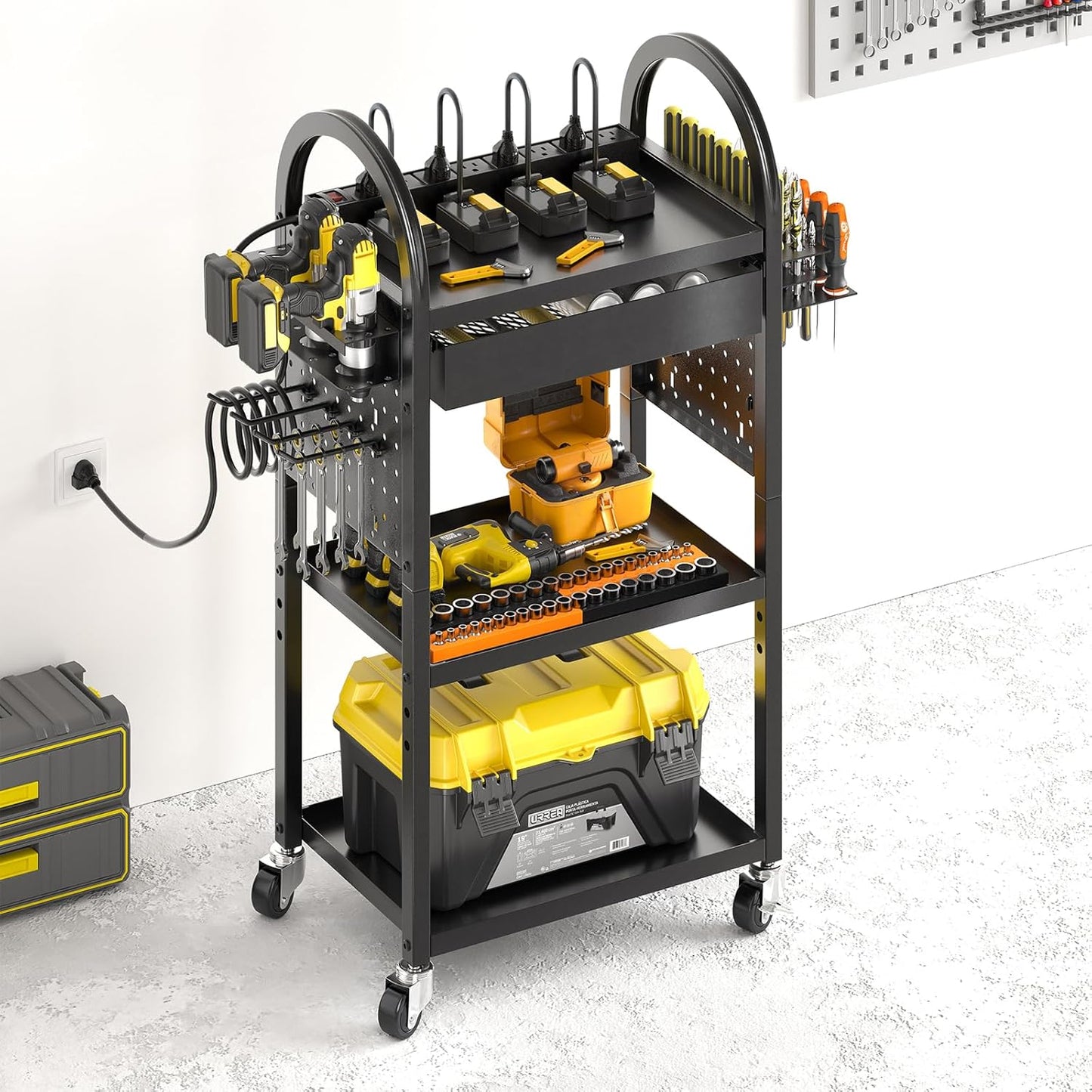 Warome Power Tool Organizer Cart, Dual-Sided Drawer Tool Storage Rack on Wheels with 8-Outlet Charging Station & Pegboard Accessaries, Utility Rolling Cart for Garage Workshop Organizers and Storage