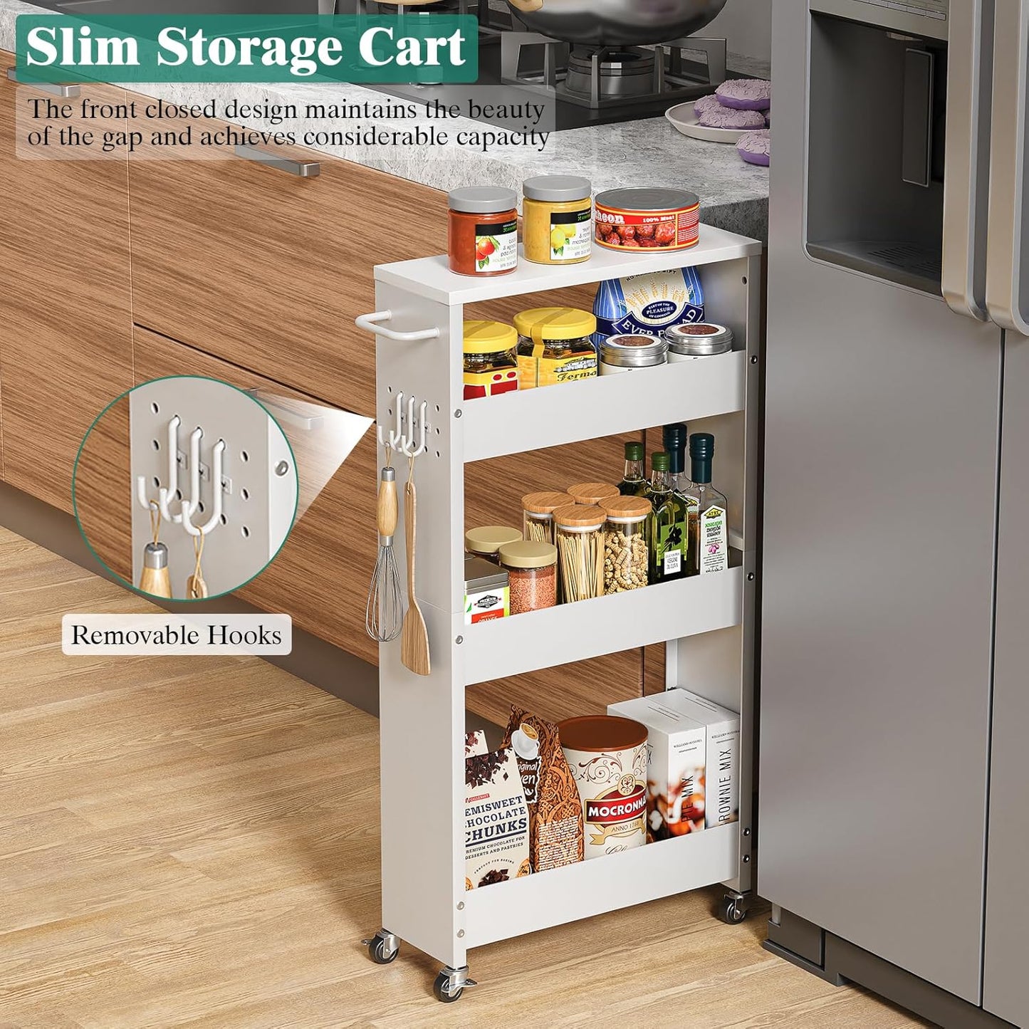 Slim Storage Cart, 4-Tier Kitchen Rolling Cart Narrow Storage Cabinet with Handle & Wheels, Metal Rolling Shelf Unit for Kitchen Bathroom Laundry Small Places (5.9IN White/White)