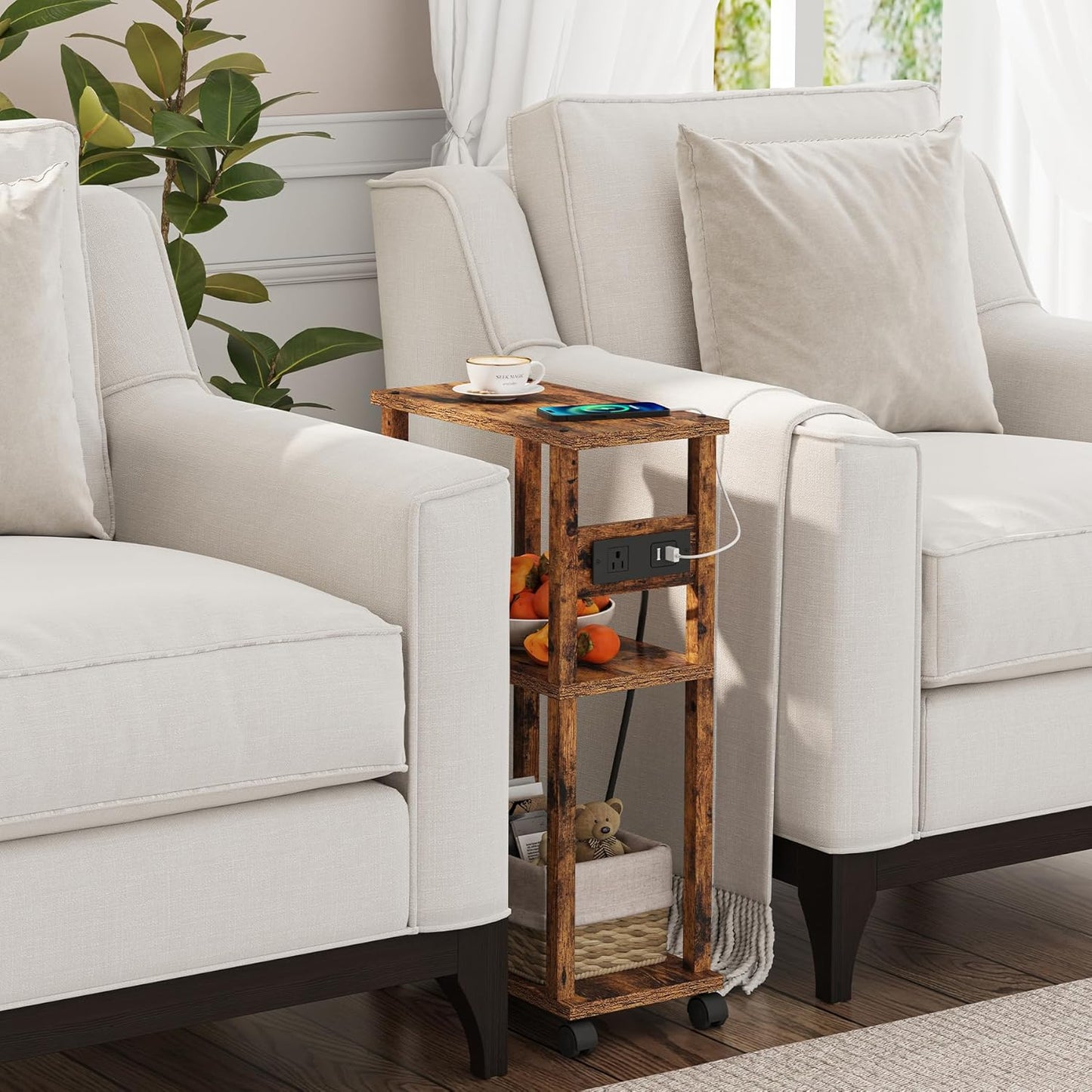 TUTOTAK Small Narrow Side Table with Charging Station, Skinny End Table for Small Spaces, Slim Nightstand with USB Ports and Outlet, Sofa Beside Table with Wheels, Rustic Brown TB01BB047C
