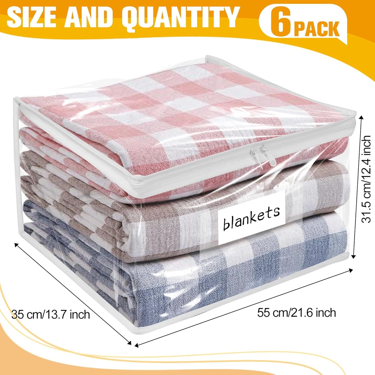 Plastic Storage Bags with Easy-Glide Zipper, Pack of 6, Durable Clear Vinyl Zippered Storage Bags for Clothes Sweaters Comforters Blankets Sheets Bedding (21.6 x 13.7 x 12.4 Inch)