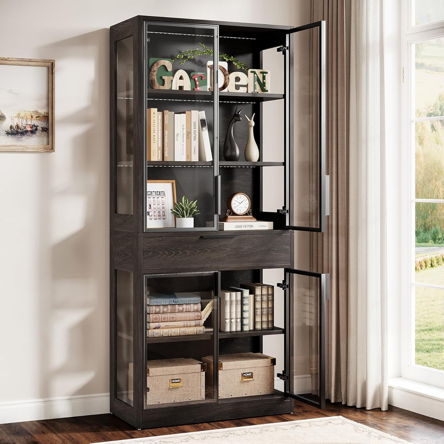 Tribesigns 71-inch Tall Display Cabinet with Doors, 5-Tier Curio Cabinet for Collectibles with LED Lights and Drawer, Display Case Bookcase with Shelves for Bedroom, Living Room, Office, Black