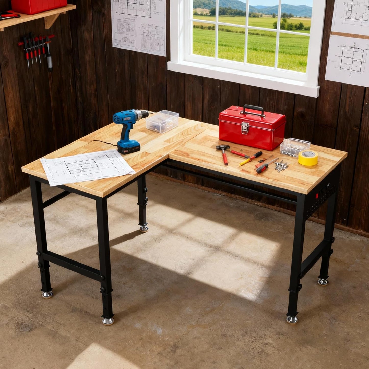 Betterhood 48"/60" Heavy-Duty Adjustable Workbench for Garage, Rubber Wood Shop Table,Hardwood Workstation Weight Capacity Over 1500 Lbs (L Shape/Rubber Pad/Power Outlets/Ruler/57.1" x47.2)